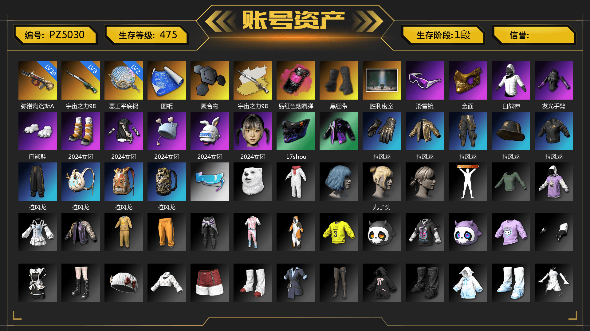 Magenta Smoke Grenade, Duncan's Infiltrator Handwraps, Chamber of Triumph, Snow Glasses, PGC 2021 Contingent Chaos Mask, Polar Bear Feet, DOUYU T-shirt