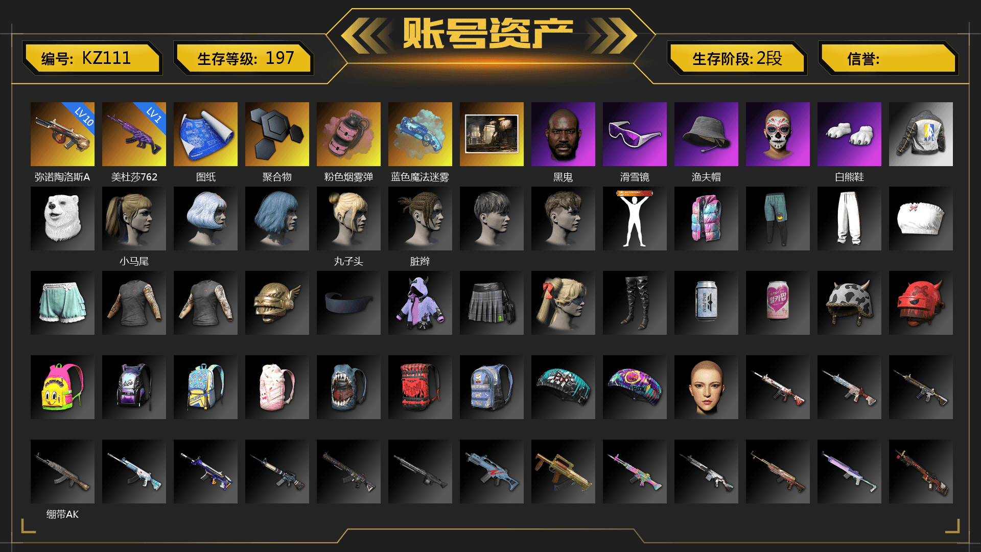 Pink Smoke Grenade, Blue Magical Mist — M79, Jonathan Kamau, Snow Glasses, Polar Bear Feet, Harley Quinn's Hair, Desolate Warehouse, NPL 2019 Phase 2 Jacket, Full Autumn — M416