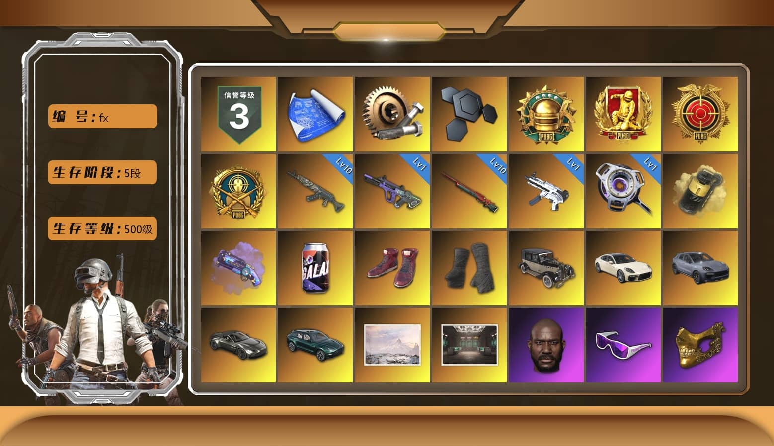 Yellow Smoke Grenade, Purple Magical Mist — M79, Hi-top Trainers (Red), Duncan's Infiltrator Handwraps, «Panamera Turbo S» Sedan, «Cayenne Turbo GT» SUV, «V12 Vantage Roadster» Sports Car, «DBX707» SUV, Jonathan Kamau, Snow Glasses, PGC 2021 Contingent Chaos Mask, PLAYERUNKNOWN's Bandana, Heavy Fur Coat (Black), Rash Beixli Xtra Tough Jacket, aespa Stage, Harley Quinn's Hair, Hairstyle PGI.S, Rash Beixli Xtra Tough Jacket, PEL 2019 Phase 2 Jacket, PKL 2019 Phase 2 Jacket, «DBX707» SUV, Exquisite Pants, StreamerOne, aespa WINTER, Full Autumn — M416, Blue Thunder Gloves, GLL Grand Slam Sweatshirt, DOUYU T-shirt, Sideshow Bear Feet