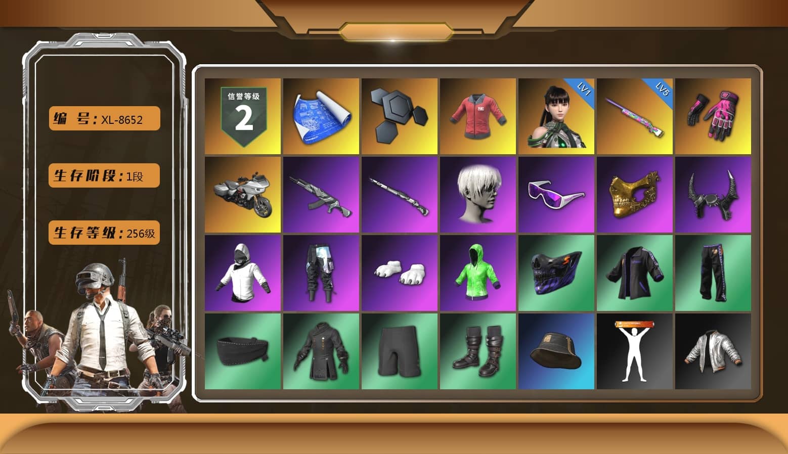 PAI 2019 Jacket, Hambinooo's Gloves, 9S's Hairstyle, Snow Glasses, PGC 2021 Contingent Chaos Mask, Demon Biker Horns, Polar Bear Feet, SkipNhO's SLR, Ghosted — AKM, Ghosted — Kar98k, Full Autumn — M416, PGI.S Colorshift — Beryl M762, PGC 2019 - AKM, PGC 2019 — SCAR-L, Bengal Blade - SCAR-L, Crimson Snowflake - QBZ, PGC 2019 — Mini14, PGC 2019 — Kar98k, SPYGEA's M24, PGC 2019 — Pan, Crash Test Handwraps, Heavy Fur Coat (Black), DOUYU T-shirt