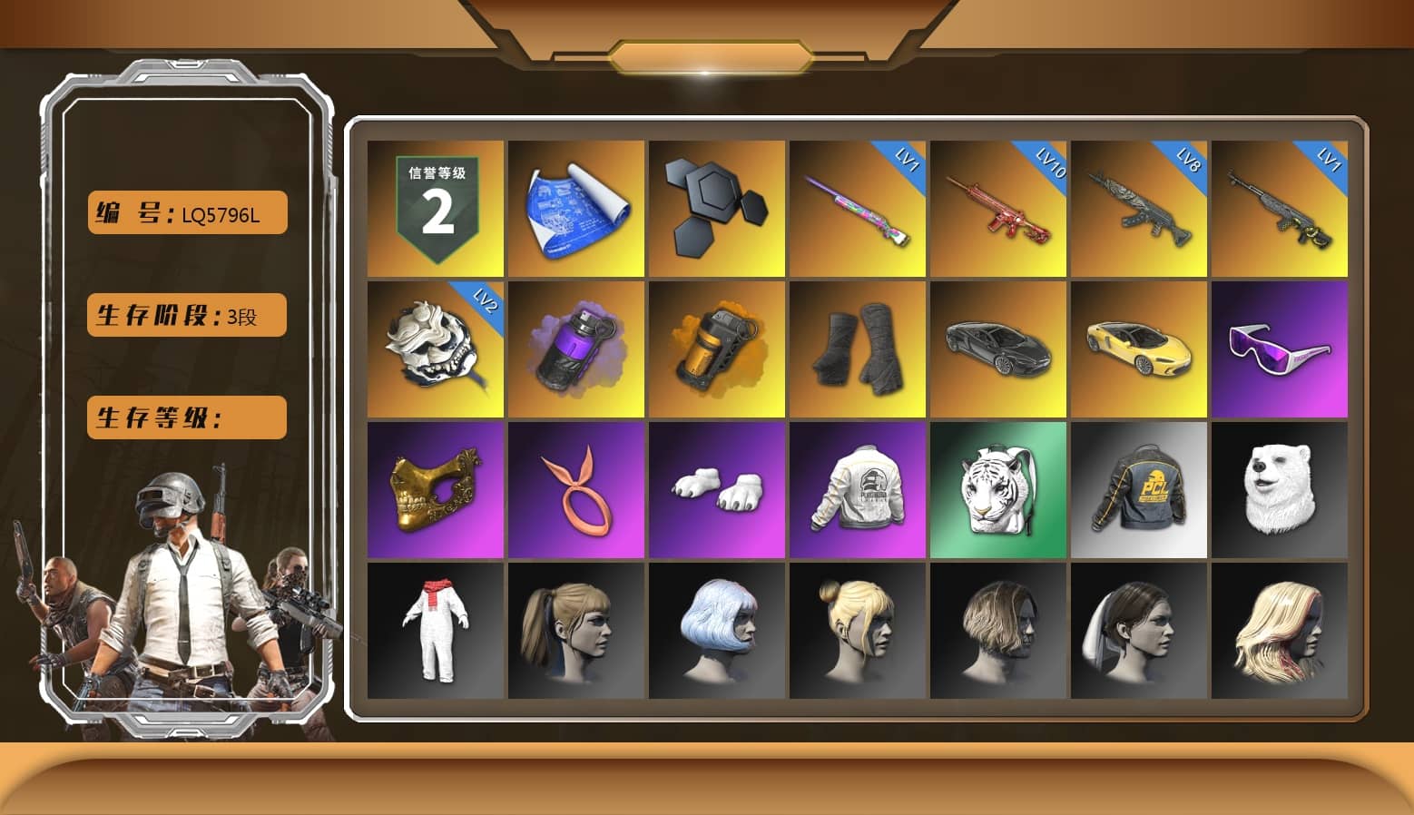 Purple Smoke Grenade, Orange Smoke Grenade, Duncan's Infiltrator Handwraps, «McLaren GT Elite» Sports Car, Snow Glasses, PGC 2021 Contingent Chaos Mask, Polar Bear Feet, Harley Quinn's Hair, Rash Beixli Xtra Tough Jacket, PEL 2019 Phase 2 Jacket, Full Autumn — M416