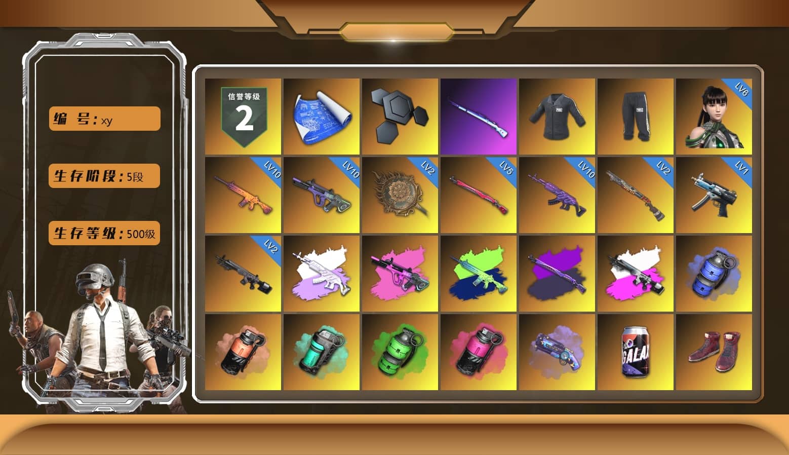 SEA Champ Training T-shirt, Obscura - Mk12 (Silver Fuchsia), Blue Smoke Grenade, Coral Smoke Grenade, Teal Smoke Grenade, Emerald Smoke Grenade, Magenta Smoke Grenade, Purple Magical Mist — M79, Hi-top Trainers (Red), Heybox Gloves, Duncan's Infiltrator Handwraps, PGI Title Wraps, Harley Quinn's Hair, The Joker's Hair, «Cayenne Turbo GT» SUV, «Countach LPI 800-4» Sports Car, «Panigale V4 S (Pitch Black)» Motorcycle, Chamber of Triumph, Weapons Shrine, Ashek's AKM, Lumi's Kar98k, Jonathan Kamau, 9S's Hairstyle, Snow Glasses, PGC 2021 Contingent Chaos Mask, Demon Biker Horns, Kansas Headband, La Catrina Makeup, The Joker's Hair, PLAYERUNKNOWN's Bandana, Heavy Fur Coat (Black), Polar Bear Feet, Rash Beixli Xtra Tough Jacket, Harley Quinn's Hair, Rash Beixli Xtra Tough Jacket, SEA Champ Training Pants, JennaJulien's M24, Harley Quinn's Makeup, PGI Ringside Hoodie, PML 2019 Phase 2 Jacket, Sideshow Bear Feet, Exquisite Pants, StreamerOne, Full Autumn — M416, Wakgood's M416, Silver Plate — M416, Bengal Blade - SCAR-L, Silver Plate — Mini14, Wakgood's AWM, Refined Aeolus — Vector, Douyu Biker Jacket, Diva Glasses (White), 2018 PUBG ALL-STAR T-shirt (Korean), DOUYU T-shirt, Esports IGL Shirt, Esports Chicken Dinner Shirt, Zerator's Pleated Skirt