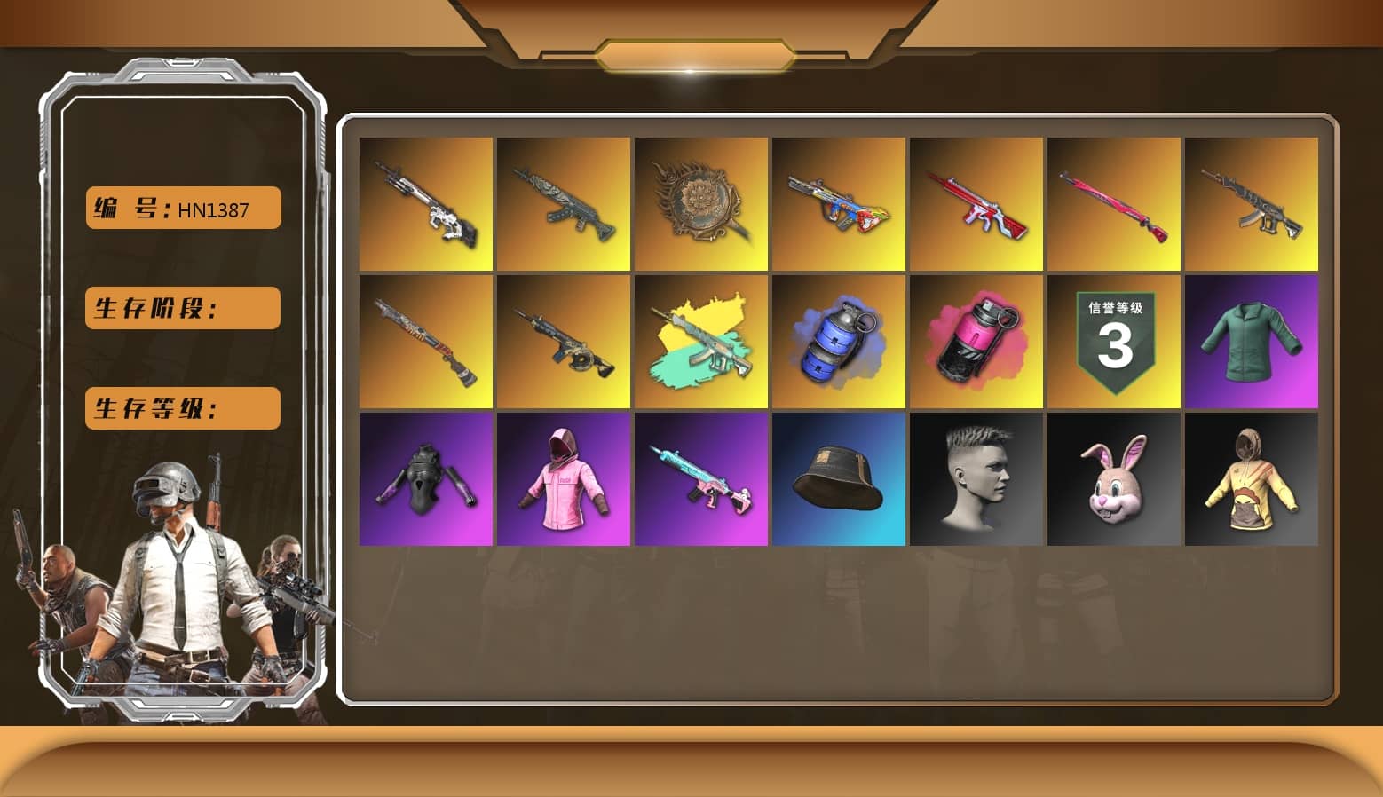 Blue Smoke Grenade, Magenta Smoke Grenade, Hi-top Trainers (Red), Duncan's Infiltrator Handwraps, PLAYERUNKNOWN's Bandana, Heavy Fur Coat (Black), Polar Bear Feet, Rash Beixli Xtra Tough Jacket, Rash Beixli Xtra Tough Jacket, XingHun's Tiger Strike Jacket, XingHun's Tiger Strike Pants, NPL 2019 Phase 2 Jacket, Sideshow Bear Feet, StreamerOne, GPT 2025 Four Angry Men Jacket, Blue Thunder Gloves, HUYA T-shirt