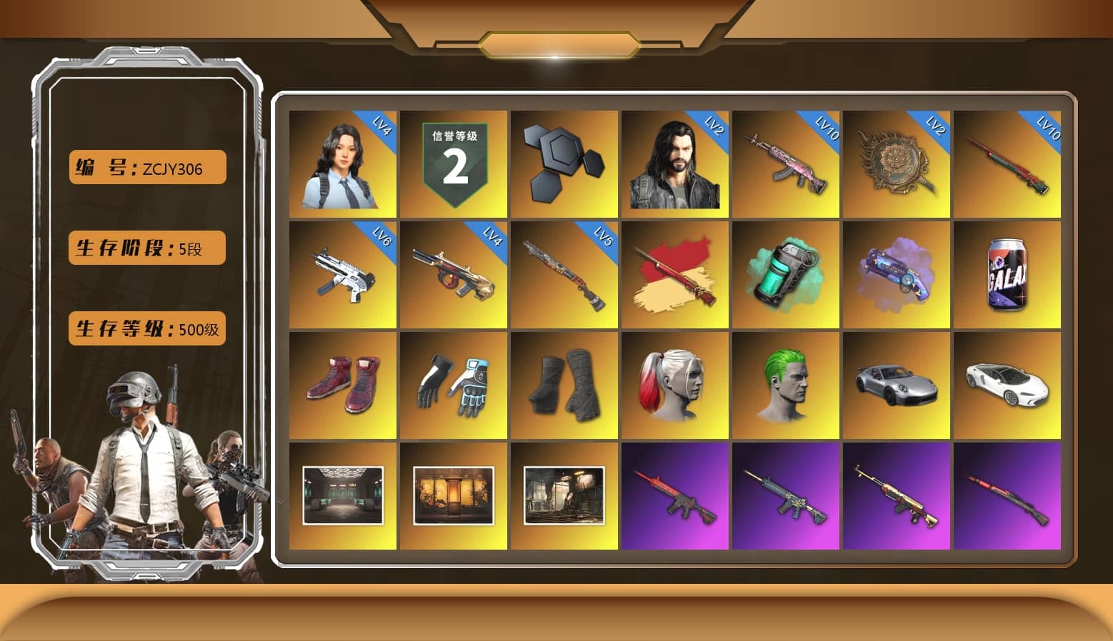 Teal Smoke Grenade, Purple Magical Mist — M79, Hi-top Trainers (Red), Shroud's Gloves, Duncan's Infiltrator Handwraps, Harley Quinn's Hair, The Joker's Hair, «911 Carrera GTS» Sports Car, Weapons Shrine, Jonathan Kamau, 9S's Hairstyle, Snow Glasses, PGC 2021 Contingent Chaos Mask, Demon Biker Horns, The Joker's Hair, PLAYERUNKNOWN's Bandana, Heavy Fur Coat (Black), Polar Bear Feet, Rash Beixli Xtra Tough Jacket, Harley Quinn's Hair, Rash Beixli Xtra Tough Jacket, Desolate Warehouse, Speed & Momentum — M416, Pirate KIM's M416, Pirate KIM's SKS, Speed & Momentum — Kar98k, Shroud's Varsity Jacket, NeoticaCH's Shirt, PGI 2018 «Four Angry Men» Hoodie, PEL 2019 Phase 2 Jacket, XingHun's Tiger Strike Jacket, XingHun's Tiger Strike Pants, PKL 2019 Phase 2 Jacket, shroud's M16A4, Sideshow Bear Feet, XiongDi Hoodie, StreamerOne, Full Autumn — M416, Wakgood's M416, Wakgood's AWM, Douyu Biker Jacket, Blue Thunder Gloves, Crash Test Handwraps, shroud's Cloth Mask, HUYA T-shirt, Zerator's Pleated Skirt, P4wnyhof's Hotpants, «Chiron» Sports Car