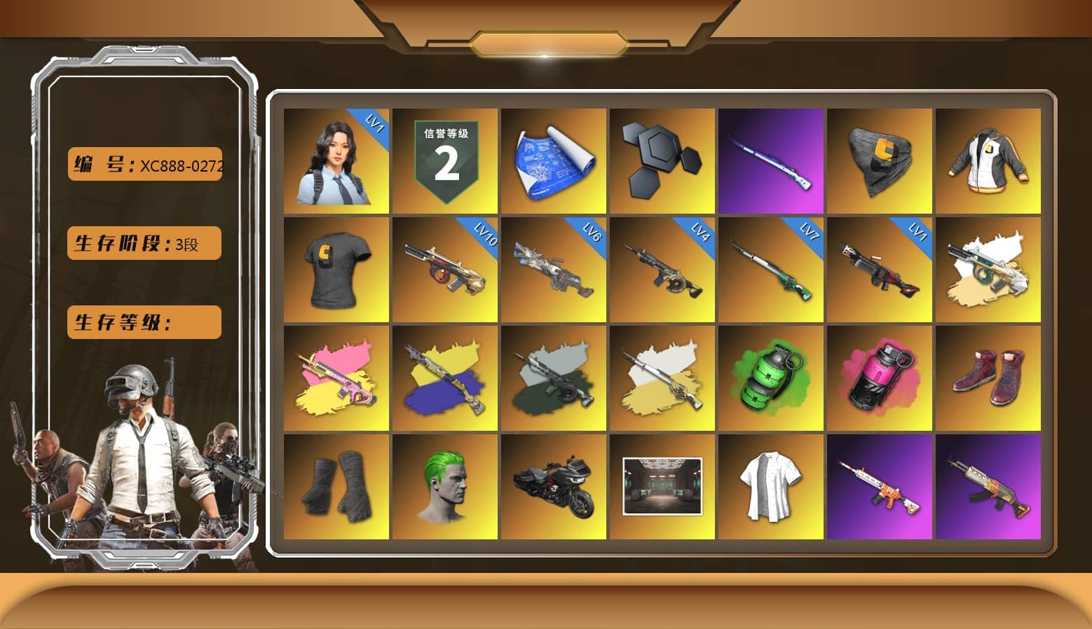 Just9n's Shirt, Time Keeper - M416 (Gray Green), Emerald Smoke Grenade, Magenta Smoke Grenade, Hi-top Trainers (Red), Duncan's Infiltrator Handwraps, The Joker's Hair, chocoTaco's Beryl M762, Lumi's Kar98k, PGC 2021 Contingent Chaos Mask, PLAYERUNKNOWN's Bandana, Heavy Fur Coat (Black), Polar Bear Feet, Rash Beixli Xtra Tough Jacket, Hairstyle PGI.S, Rash Beixli Xtra Tough Jacket, Short Sleeve Anchor Print Shirt, CigaretteSTV's M416, The Mau5 Hat, Sacriel's Hoodie, XingHun's Tiger Strike Jacket, XingHun's Tiger Strike Pants, PJS 2019 Phase 2 Jacket, PKL 2019 Phase 2 Jacket, chocoTaco's Parachute, XiongDi Hoodie, NH-Esports Jacket, XingHun's Hoodie, Xinghun's Tracksuit Pants, StreamerOne, Full Autumn — M416, Silver Plate — M416, Gold Plate — M416, Chengzi's M416, NH-ESPORTS - Beryl M762, Serpent's Kiss - AKM, XingHun's AKM, Crimson Snowflake - QBZ, Elegant - G36C, BreaK's SLR, Mazarin1k's SLR, Sacriel's Kar98k, MOZZ's M24, Festive Gloves (Red), Diva Glasses (White), Sacriel's Cloth Mask, 2018 PUBG ALL-STAR T-shirt (Korean), Heavy Fur Coat (Black), Esports IGL Shirt, Esports Chicken Dinner Shirt, chocoTaco's Kicks