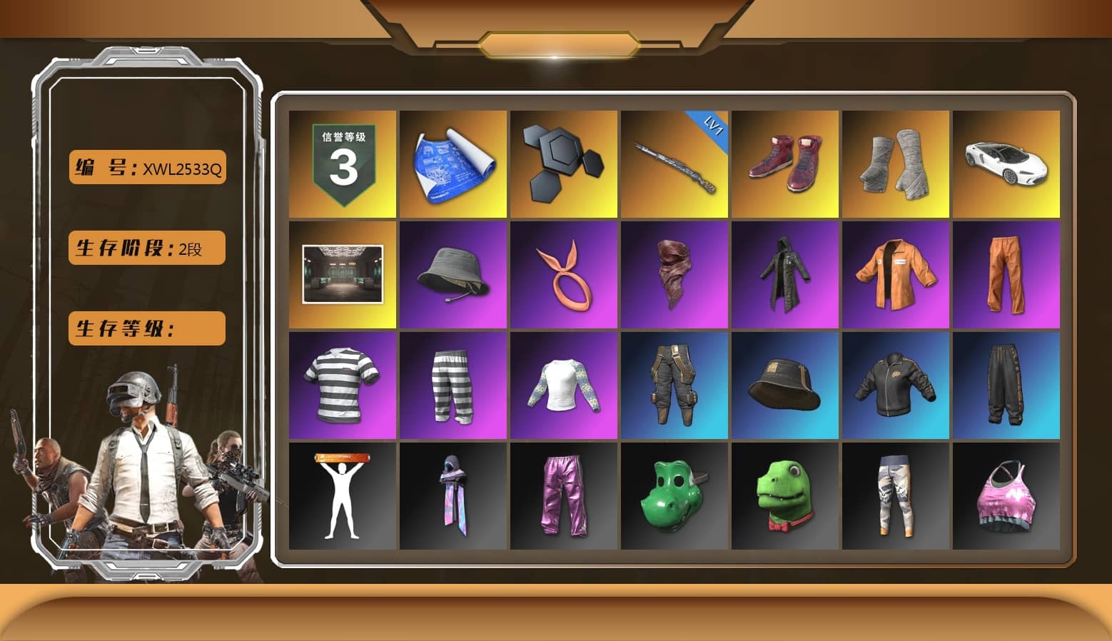 Hi-top Trainers (Red), PGI Title Wraps, PLAYERUNKNOWN's Bandana, Heavy Fur Coat (Black), Escapee Jacket, Jailbird T-Shirt, Rash Vest, StreamerOne, Full Autumn — M416, Silver Plate — Mini14, Refined Aeolus — Vector, Diva Glasses (White), Rose-tinted Glasses