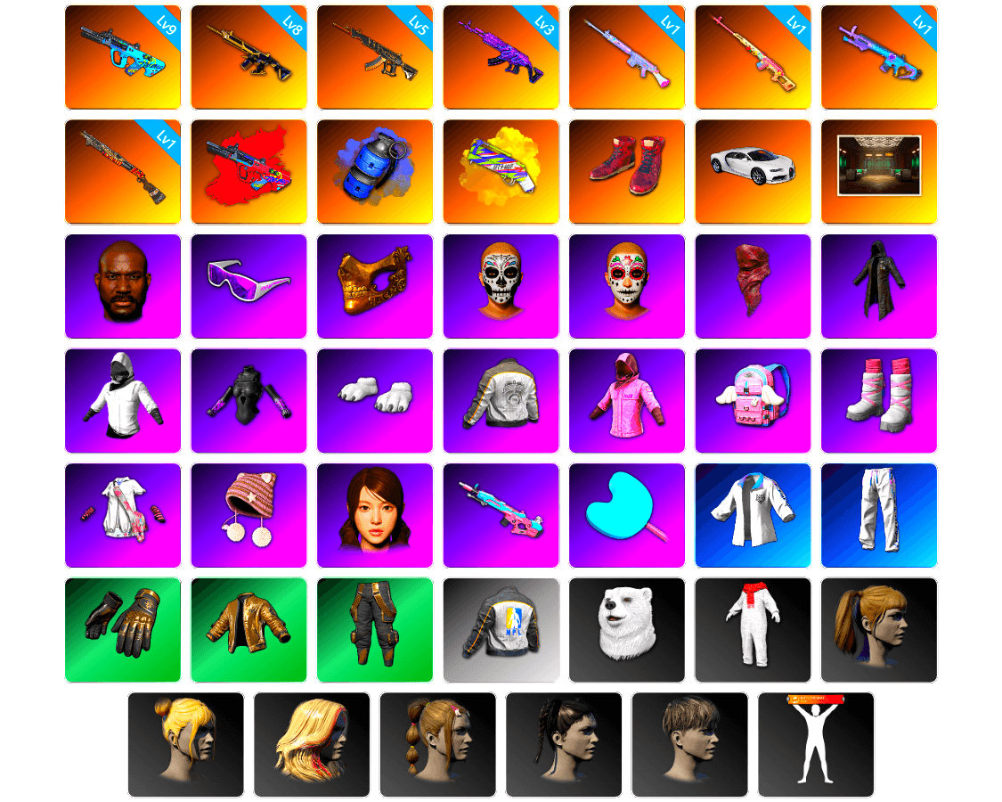 Rest in Pink — Dragunov [1], G-DRAGON — AUG (Red), Blue Smoke Grenade, Yellow Fog of Fury — M79, Hi-top Trainers (Red), «Chiron» Sports Car, Jonathan Kamau, Snow Glasses, PGC 2021 Contingent Chaos Mask, PLAYERUNKNOWN's Bandana, Heavy Fur Coat (Black), Polar Bear Feet, Rash Beixli Xtra Tough Jacket, Harley Quinn's Hair, Rash Beixli Xtra Tough Jacket, PML 2019 Phase 2 Jacket, PUBG x NewJeans HYEIN, XingHun's Tiger Strike Jacket, XingHun's Tiger Strike Pants, NPL 2019 Phase 2 Jacket, GPT 2025 Four Angry Men Jacket