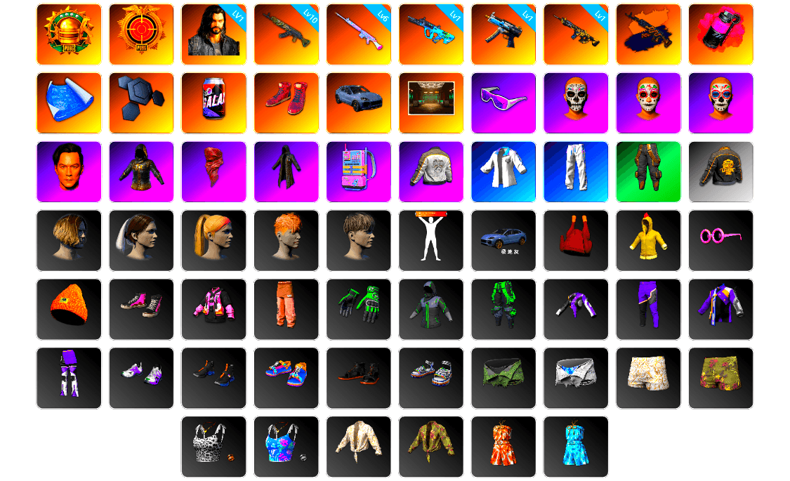 Magenta Smoke Grenade, Hi-top Trainers (Red), «Cayenne Turbo GT» SUV, Snow Glasses, PLAYERUNKNOWN's Bandana, Heavy Fur Coat (Black), PML 2019 Phase 2 Jacket, XingHun's Tiger Strike Jacket, XingHun's Tiger Strike Pants, PKL 2019 Phase 2 Jacket, StreamerOne, Training Jacket (Green), Blue Thunder Gloves, DOUYU T-shirt