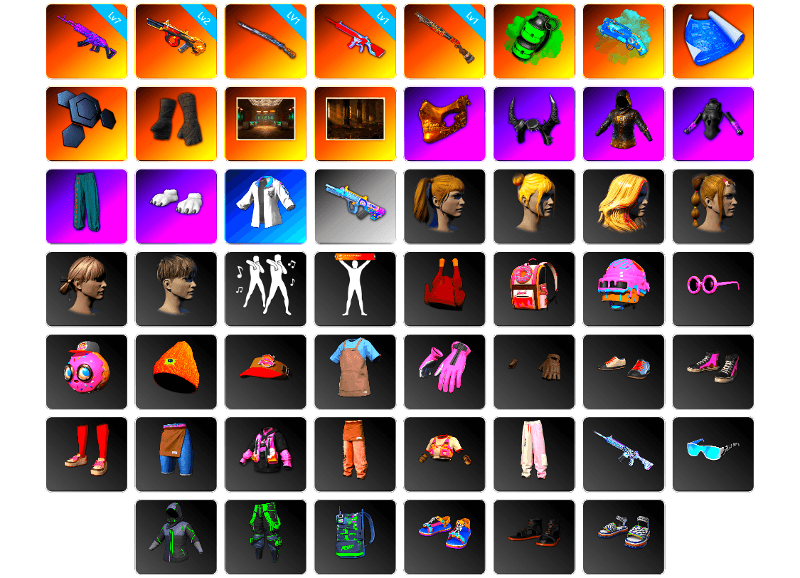 Emerald Smoke Grenade, Blue Magical Mist — M79, Duncan's Infiltrator Handwraps, PGC 2021 Contingent Chaos Mask, Demon Biker Horns, Polar Bear Feet, Harley Quinn's Hair, Nostalgia, XingHun's Tiger Strike Jacket, StreamerOne, Full Autumn — M416
