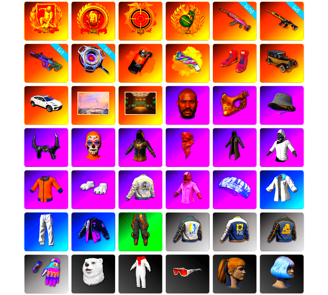 Coral Smoke Grenade, Yellow Fog of Fury — M79, Hi-top Trainers (Red), Jonathan Kamau, PGC 2021 Contingent Chaos Mask, Demon Biker Horns, PLAYERUNKNOWN's Bandana, Heavy Fur Coat (Black), Polar Bear Feet, Rash Beixli Xtra Tough Jacket, Harley Quinn's Hair, Rash Beixli Xtra Tough Jacket, PEL 2019 Phase 2 Jacket, XingHun's Tiger Strike Jacket, XingHun's Tiger Strike Pants, NPL 2019 Phase 2 Jacket, PJS 2019 Phase 2 Jacket, XiongDi Hoodie, StreamerOne, Full Autumn — M416, Festive Gloves (Red), Blue Thunder Gloves, DOUYU T-shirt, Sideshow Bear Feet