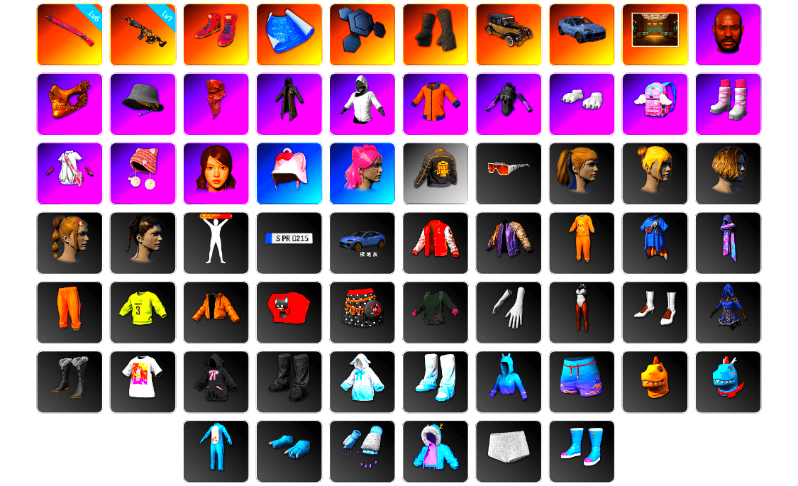 Hi-top Trainers (Red), Duncan's Infiltrator Handwraps, «Cayenne Turbo GT» SUV, Jonathan Kamau, PGC 2021 Contingent Chaos Mask, PLAYERUNKNOWN's Bandana, Heavy Fur Coat (Black), Polar Bear Feet, Harley Quinn's Hair, Rash Beixli Xtra Tough Jacket, PUBG x NewJeans HYEIN, PKL 2019 Phase 2 Jacket, StreamerOne, Full Autumn — M416, GLL Grand Slam Sweatshirt, HUYA T-shirt