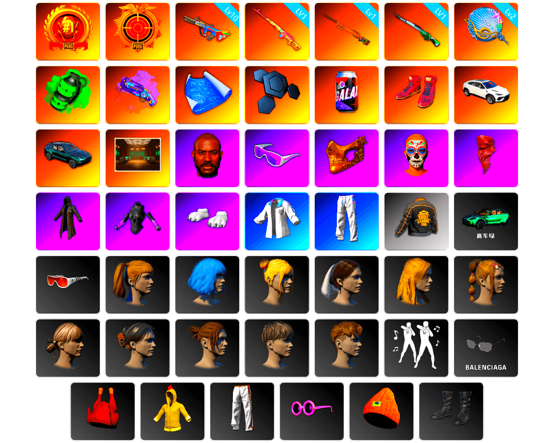 Rest in Pink — Dragunov [1], Emerald Smoke Grenade, Purple Magical Mist — M79, Hi-top Trainers (Red), «DBX707» SUV, Jonathan Kamau, Snow Glasses, PGC 2021 Contingent Chaos Mask, PLAYERUNKNOWN's Bandana, Heavy Fur Coat (Black), Polar Bear Feet, Harley Quinn's Hair, XingHun's Tiger Strike Jacket, XingHun's Tiger Strike Pants, PKL 2019 Phase 2 Jacket, «DBX707» SUV, Exquisite Pants, XiongDi Hoodie, StreamerOne, Full Autumn — M416, Blue Thunder Gloves, HUYA T-shirt, Sideshow Bear Feet