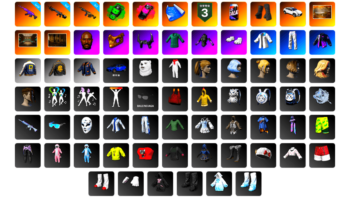 Emerald Smoke Grenade, Magenta Smoke Grenade, Duncan's Infiltrator Handwraps, Showroom, Jonathan Kamau, PGC 2021 Contingent Chaos Mask, Demon Biker Horns, Polar Bear Feet, Harley Quinn's Hair, Nostalgia, XingHun's Tiger Strike Jacket, XingHun's Tiger Strike Pants, PJS 2019 Phase 2 Jacket, PKL 2019 Phase 2 Jacket, GLL Grand Slam Sweatshirt, «DBX707» SUV