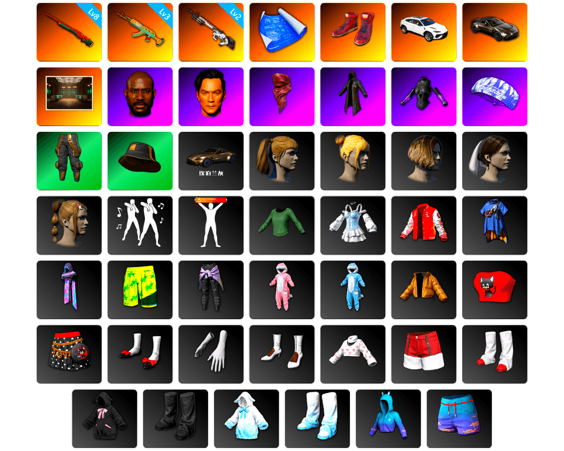 Hi-top Trainers (Red), «V12 Vantage Roadster» Sports Car, Jonathan Kamau, PLAYERUNKNOWN's Bandana, Heavy Fur Coat (Black), Harley Quinn's Hair, Rash Beixli Xtra Tough Jacket, Full Autumn — M416