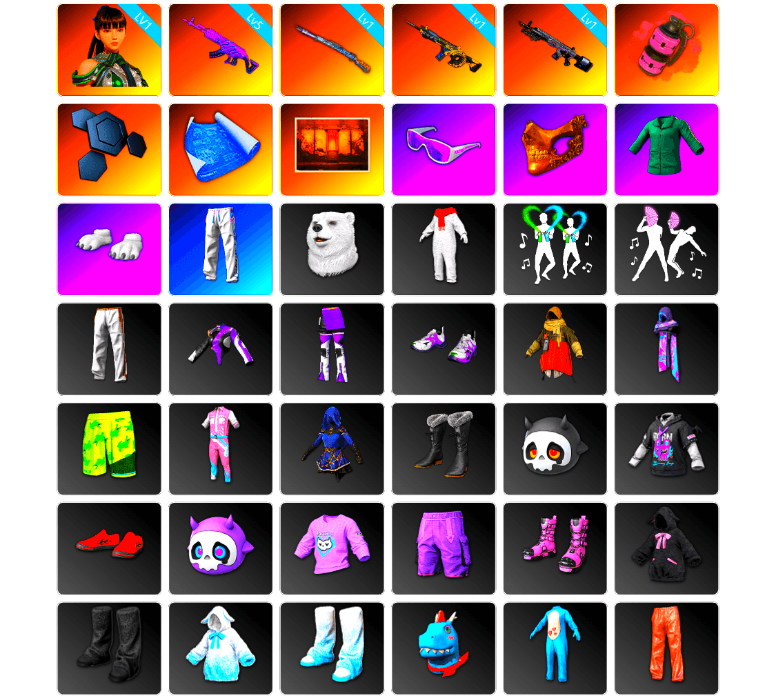 Pink Smoke Grenade, Weapons Shrine, Snow Glasses, PGC 2021 Contingent Chaos Mask, Polar Bear Feet, XingHun's Tiger Strike Pants, Exquisite Pants, Festive Gloves (Red), HUYA T-shirt, DOUYU T-shirt