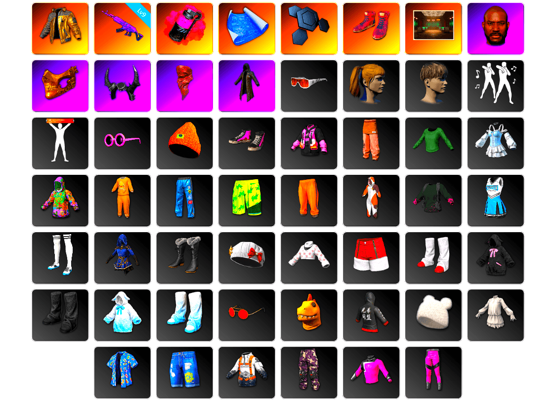 Magenta Smoke Grenade, Hi-top Trainers (Red), Jonathan Kamau, PGC 2021 Contingent Chaos Mask, Demon Biker Horns, PLAYERUNKNOWN's Bandana, Heavy Fur Coat (Black), Harley Quinn's Hair, XiongDi Hoodie, StreamerOne