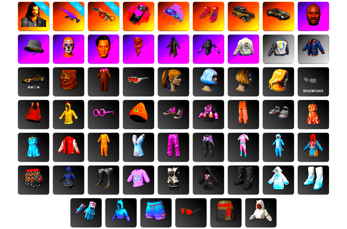Magenta Smoke Grenade, Purple Magical Mist — M79, Hi-top Trainers (Red), «V12 Vantage Roadster» Sports Car, Jonathan Kamau, PLAYERUNKNOWN's Bandana, Heavy Fur Coat (Black), Harley Quinn's Hair, PEL 2019 Phase 2 Jacket, NPL 2019 Phase 2 Jacket, Sideshow Bear Feet