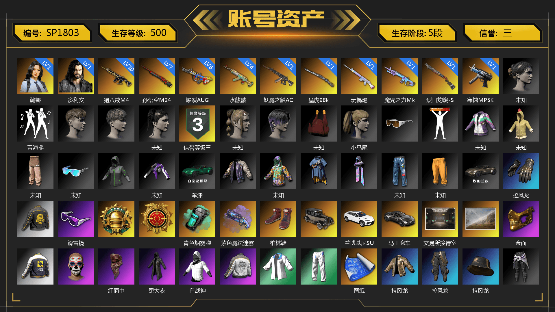 Teal Smoke Grenade, Purple Magical Mist — M79, Hi-top Trainers (Red), «V12 Vantage Roadster» Sports Car, Snow Glasses, PGC 2021 Contingent Chaos Mask, PLAYERUNKNOWN's Bandana, Heavy Fur Coat (Black), Harley Quinn's Hair, PML 2019 Phase 2 Jacket, XingHun's Tiger Strike Jacket, XingHun's Tiger Strike Pants, PJS 2019 Phase 2 Jacket, PKL 2019 Phase 2 Jacket, XiongDi Hoodie, «Chiron» Sports Car