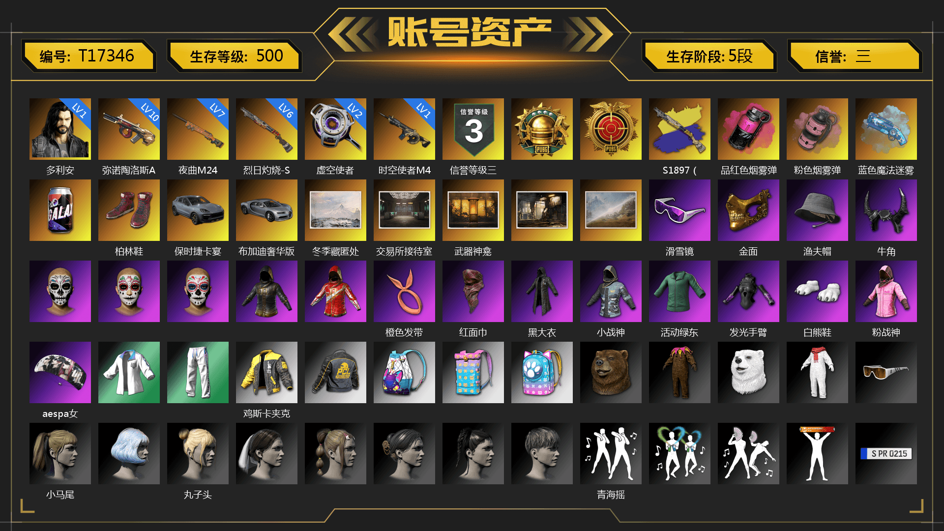 Magenta Smoke Grenade, Pink Smoke Grenade, Blue Magical Mist — M79, Hi-top Trainers (Red), «Cayenne Turbo GT» SUV, Weapons Shrine, Snow Glasses, PGC 2021 Contingent Chaos Mask, Demon Biker Horns, PLAYERUNKNOWN's Bandana, Heavy Fur Coat (Black), Polar Bear Feet, Rash Beixli Xtra Tough Jacket, aespa Stage, Harley Quinn's Hair, Rash Beixli Xtra Tough Jacket, Desolate Warehouse, XingHun's Tiger Strike Jacket, XingHun's Tiger Strike Pants, Exquisite Pants, XiongDi Hoodie, StreamerOne, GPT 2025 Four Angry Men Jacket, Training Jacket (Green), Full Autumn — M416, Blue Thunder Gloves, 2018 PUBG ALL-STAR T-shirt (Korean), HUYA T-shirt, Sideshow Bear Feet