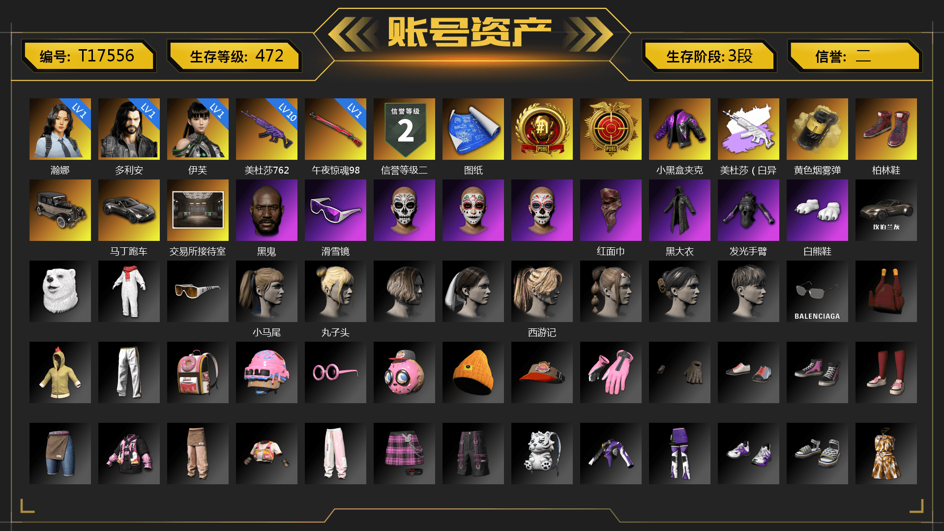 Yellow Smoke Grenade, Hi-top Trainers (Red), «V12 Vantage Roadster» Sports Car, Jonathan Kamau, Snow Glasses, PLAYERUNKNOWN's Bandana, Heavy Fur Coat (Black), Polar Bear Feet, Harley Quinn's Hair, Exquisite Pants, StreamerOne, Full Autumn — M416, Diva Glasses (White), 2018 PUBG ALL-STAR T-shirt (Korean)
