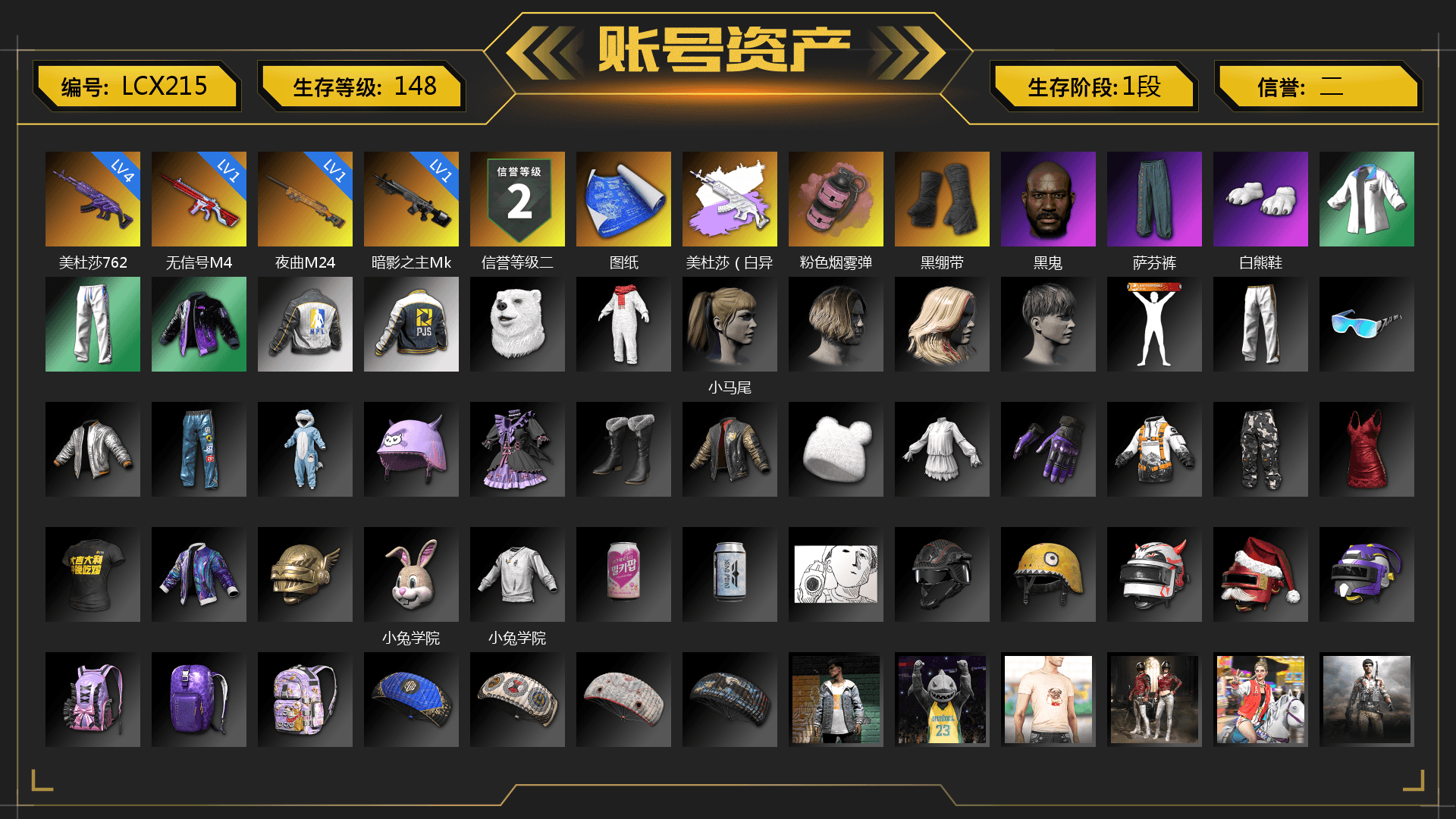 Pink Smoke Grenade, Duncan's Infiltrator Handwraps, Jonathan Kamau, Polar Bear Feet, Harley Quinn's Hair, XingHun's Tiger Strike Jacket, XingHun's Tiger Strike Pants, NPL 2019 Phase 2 Jacket, PJS 2019 Phase 2 Jacket, Exquisite Pants, StreamerOne, 2018 PUBG ALL-STAR T-shirt (Korean)