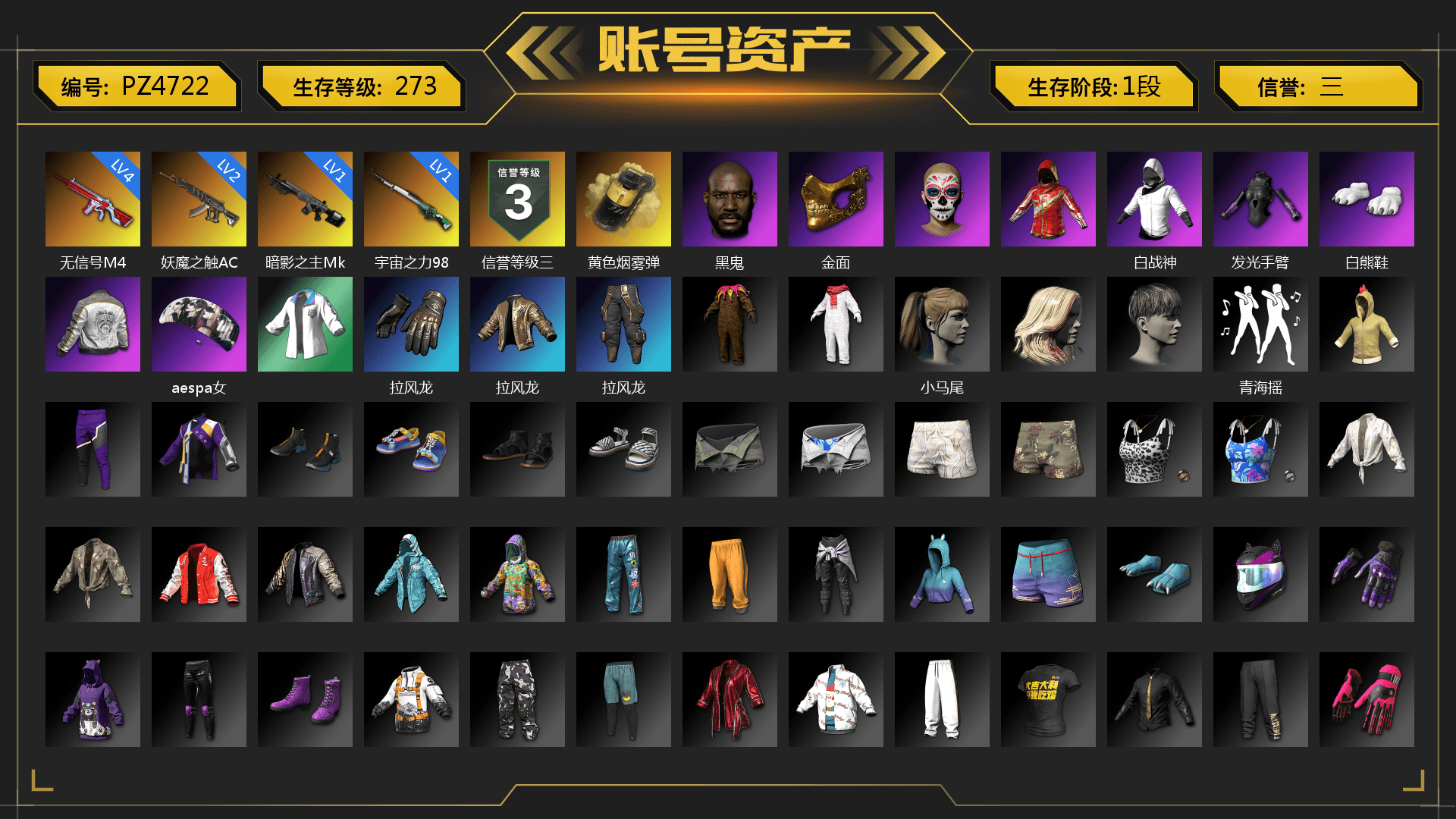 Yellow Smoke Grenade, Jonathan Kamau, PGC 2021 Contingent Chaos Mask, Polar Bear Feet, aespa Stage, Harley Quinn's Hair, PML 2019 Phase 2 Jacket, XingHun's Tiger Strike Jacket, StreamerOne, Sideshow Bear Feet