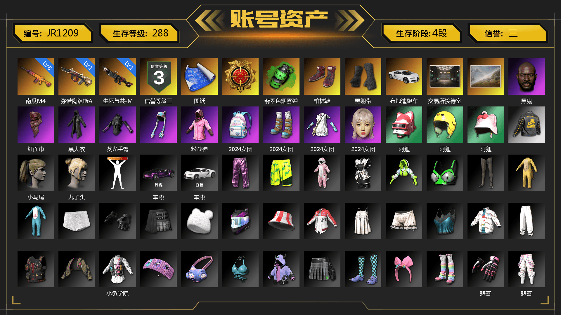 Emerald Smoke Grenade, Hi-top Trainers (Red), Duncan's Infiltrator Handwraps, «Chiron» Sports Car, Jonathan Kamau, PLAYERUNKNOWN's Bandana, Heavy Fur Coat (Black), Rash Beixli Xtra Tough Jacket, Harley Quinn's Hair, Rash Beixli Xtra Tough Jacket, PUBG X NEWJEANS DANIELLE SET