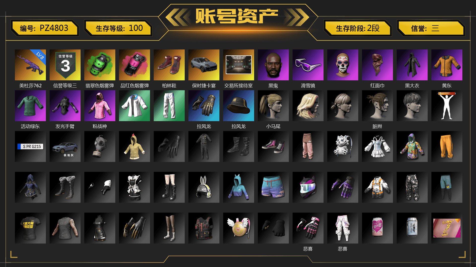 Emerald Smoke Grenade, Magenta Smoke Grenade, Hi-top Trainers (Red), «Cayenne Turbo GT» SUV, Jonathan Kamau, Snow Glasses, PLAYERUNKNOWN's Bandana, Heavy Fur Coat (Black), Rash Beixli Xtra Tough Jacket, Harley Quinn's Hair, Rash Beixli Xtra Tough Jacket, XingHun's Tiger Strike Jacket, XingHun's Tiger Strike Pants, StreamerOne, Diva Glasses (White)