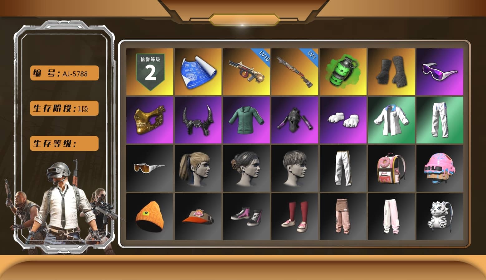 Emerald Smoke Grenade, Duncan's Infiltrator Handwraps, Snow Glasses, PGC 2021 Contingent Chaos Mask, Demon Biker Horns, Polar Bear Feet, Harley Quinn's Hair, XingHun's Tiger Strike Jacket, XingHun's Tiger Strike Pants, Sideshow Bear Feet, Exquisite Pants, StreamerOne, GPT 2025 Four Angry Men Jacket, Full Autumn — M416