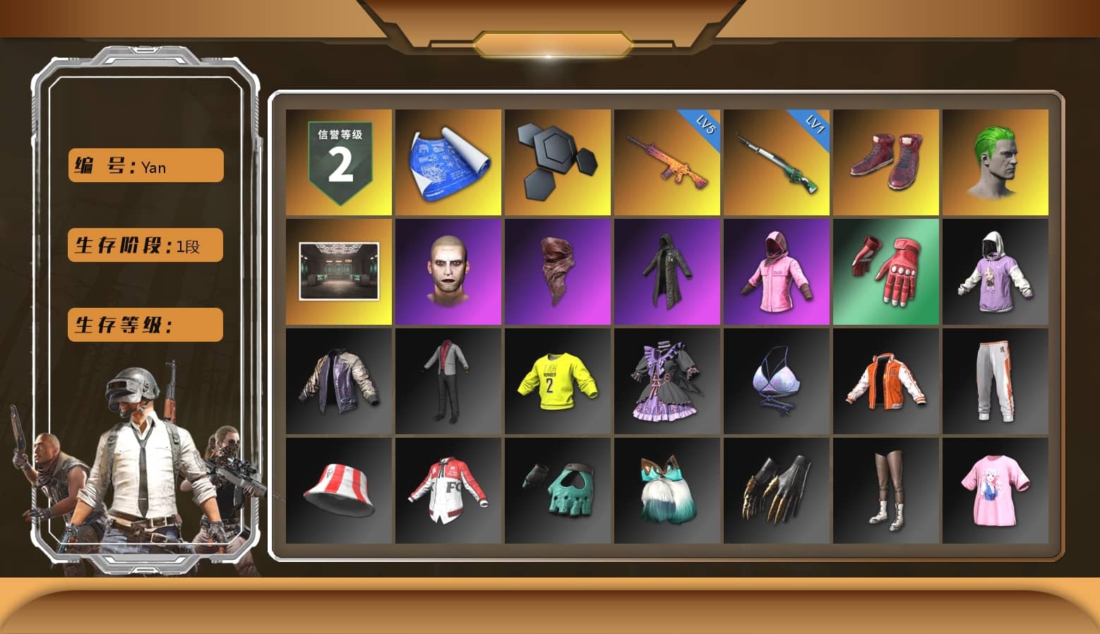 Hi-top Trainers (Red), The Joker's Hair, The Joker's Hair, PLAYERUNKNOWN's Bandana, Heavy Fur Coat (Black), Rash Beixli Xtra Tough Jacket, Rash Beixli Xtra Tough Jacket, DOUYU T-shirt