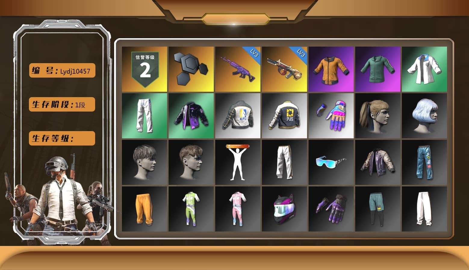 Harley Quinn's Hair, XingHun's Tiger Strike Jacket, XingHun's Tiger Strike Pants, NPL 2019 Phase 2 Jacket, PJS 2019 Phase 2 Jacket, Sideshow Bear Feet, Exquisite Pants, StreamerOne, 2018 PUBG ALL-STAR T-shirt (Korean)