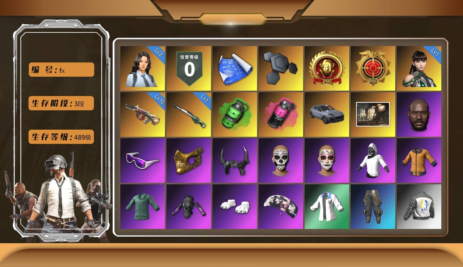 Emerald Smoke Grenade, Magenta Smoke Grenade, «Cayenne Turbo GT» SUV, Jonathan Kamau, Snow Glasses, PGC 2021 Contingent Chaos Mask, Demon Biker Horns, Polar Bear Feet, aespa Stage, Desolate Warehouse, XingHun's Tiger Strike Jacket, NPL 2019 Phase 2 Jacket, PKL 2019 Phase 2 Jacket, Exquisite Pants, XiongDi Hoodie, StreamerOne, Full Autumn — M416, Blue Thunder Gloves, 2018 PUBG ALL-STAR T-shirt (Korean), «DBX707» SUV
