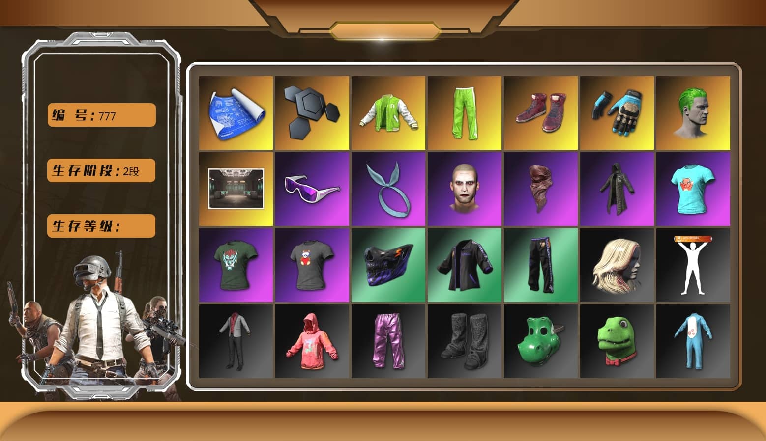 NVIDIA Varsity Jacket, Hi-top Trainers (Red), Ashek's Gloves, The Joker's Hair, Snow Glasses, Kansas Headband, The Joker's Hair, PLAYERUNKNOWN's Bandana, Heavy Fur Coat (Black), FireDragon's Shirt, BierbankB's Shirt, StreamerOne, Gold Plate — M416, Bengal Blade - SCAR-L, Mazarin1k's SLR, JennaJulien's Pleated Skirt