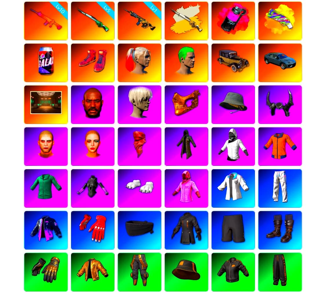 Magenta Smoke Grenade, Yellow Fog of Fury — M79, Hi-top Trainers (Red), Harley Quinn's Hair, The Joker's Hair, Secret Showroom, Jonathan Kamau, 9S's Hairstyle, PGC 2021 Contingent Chaos Mask, Headset Bucket Hat, Demon Biker Horns, The Joker's Hair, PLAYERUNKNOWN's Bandana, Heavy Fur Coat (Black), WackyJacky101's Jacket, Work Jacket, Polar Bear Feet, Rash Beixli Xtra Tough Jacket, Harley Quinn's Hair, Bunny Academy Sailor Gloves, Rash Beixli Xtra Tough Jacket, Harley Quinn's Makeup, XingHun's Tiger Strike Jacket, XingHun's Tiger Strike Pants, PJS 2019 Phase 2 Jacket, XingHun's Tiger Strike Snow Glasses, MET Asia Series Bomber Jacket, StreamerOne, Full Autumn — M416, Grizz's Mask, JiBaoBa, DOUYU T-shirt, Sideshow Bear Feet - 2