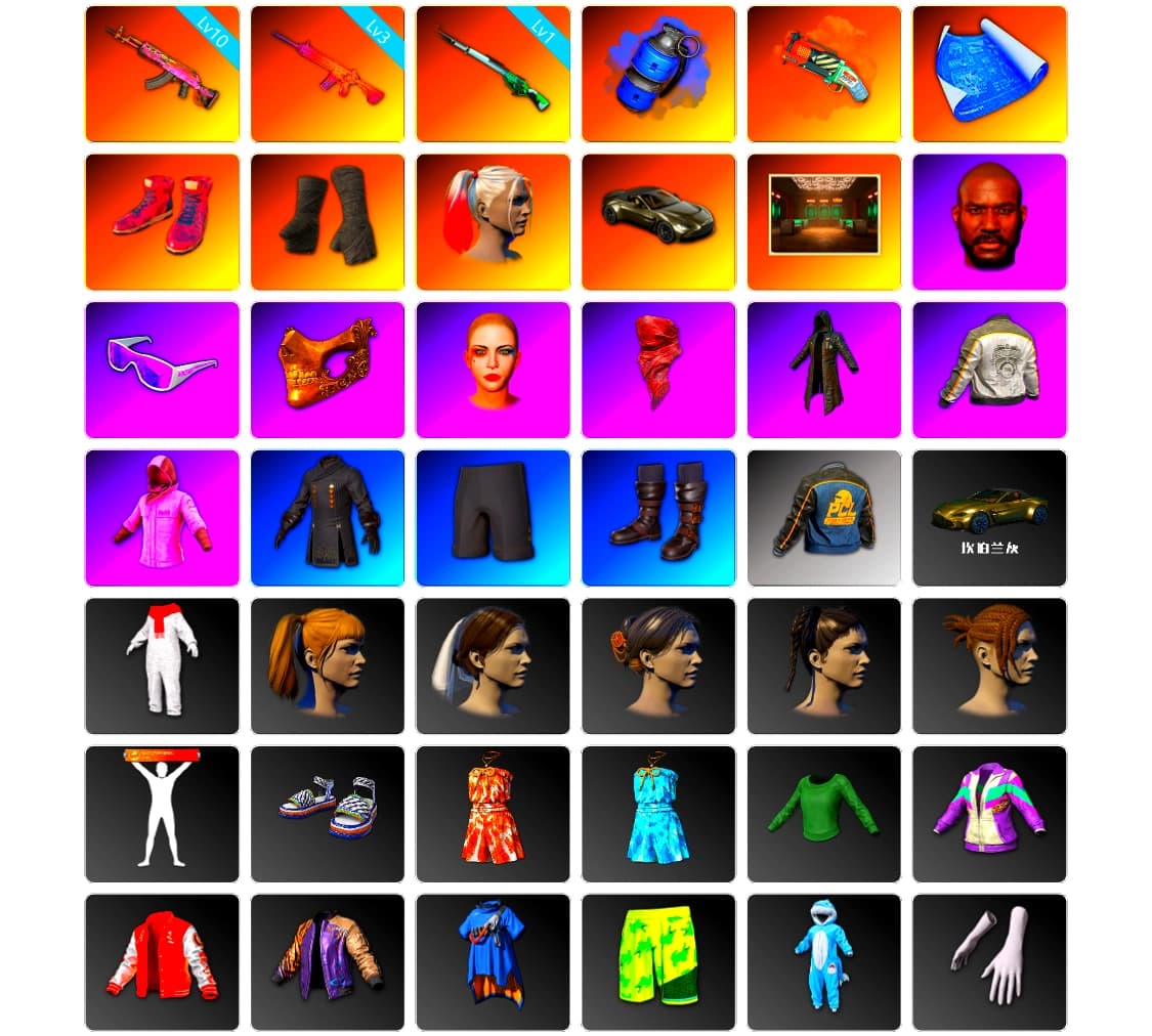 Blue Smoke Grenade, Orange Fog of Fury — M79, Hi-top Trainers (Red), Duncan's Infiltrator Handwraps, Harley Quinn's Hair, «V12 Vantage Roadster» Sports Car, Secret Showroom, Jonathan Kamau, Snow Glasses, PGC 2021 Contingent Chaos Mask, PLAYERUNKNOWN's Bandana, Heavy Fur Coat (Black), Rash Beixli Xtra Tough Jacket, Harley Quinn's Hair, Rash Beixli Xtra Tough Jacket, Harley Quinn's Makeup, PML 2019 Phase 2 Jacket, PCL 2019 Phase 2 Jacket, XiongDi Hoodie, StreamerOne, Full Autumn — M416, Grizz's Mask, HUYA T-shirt, JiBaoBa, DOUYU T-shirt, Sideshow Bear Feet - 1