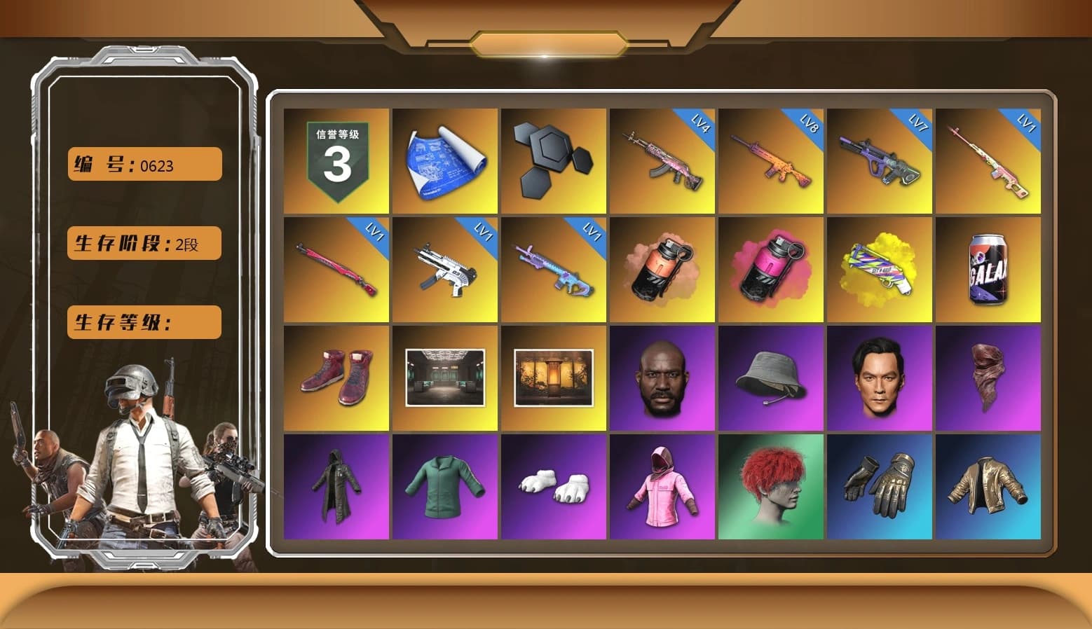 Rest in Pink — Dragunov [1], Coral Smoke Grenade, Magenta Smoke Grenade, Yellow Fog of Fury — M79, Hi-top Trainers (Red), Secret Showroom, Weapons Shrine, Jonathan Kamau, Headset Bucket Hat, PLAYERUNKNOWN's Bandana, Heavy Fur Coat (Black), Polar Bear Feet, Rash Beixli Xtra Tough Jacket, Bunny Academy Sailor Gloves, Rash Beixli Xtra Tough Jacket, Full Autumn — M416, Grizz's Mask - 1