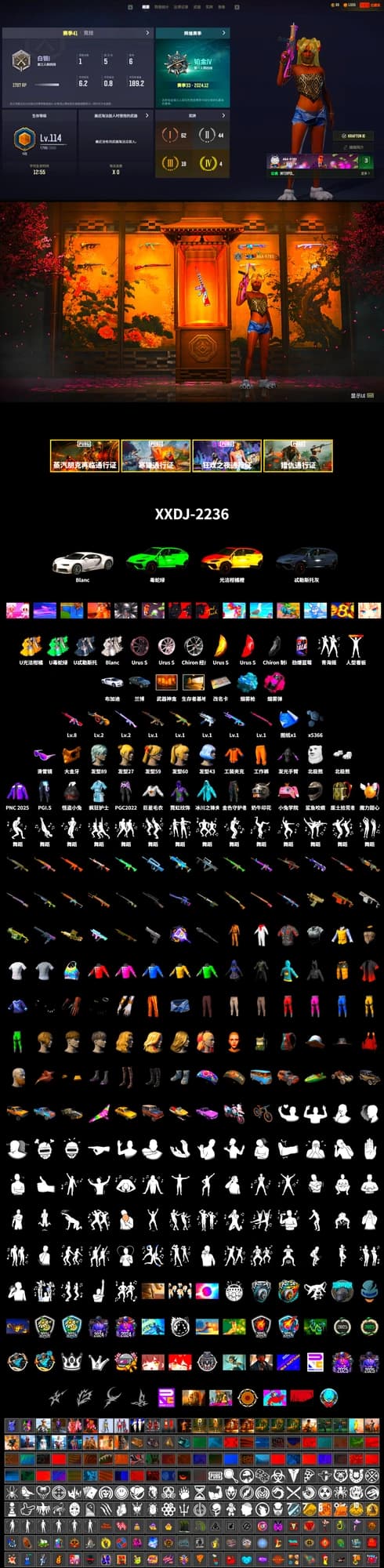 Magenta Smoke Grenade, Blue Magical Mist — M79, «Chiron» Sports Car, Weapons Shrine, Snow Glasses, PGC 2021 Contingent Chaos Mask, Polar Bear Feet, Full Autumn — M416 - 2