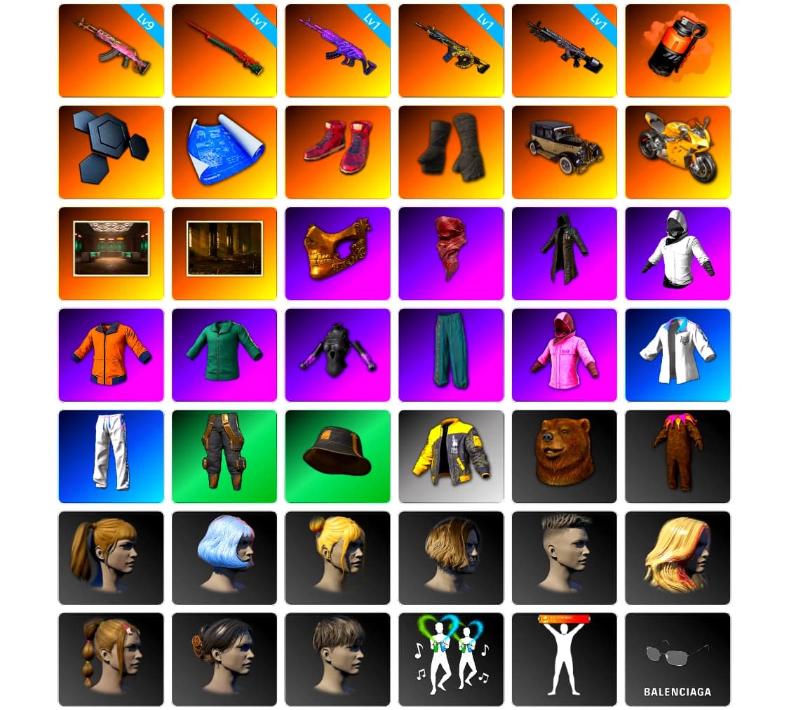 Coral Smoke Grenade, Hi-top Trainers (Red), Duncan's Infiltrator Handwraps, «Panigale V4 S (Gold Rush)» Motorcycle, PGC 2021 Contingent Chaos Mask, PLAYERUNKNOWN's Bandana, Heavy Fur Coat (Black), Rash Beixli Xtra Tough Jacket, Harley Quinn's Hair, Rash Beixli Xtra Tough Jacket, Nostalgia, XingHun's Tiger Strike Jacket, XingHun's Tiger Strike Pants, Exquisite Pants, GPT 2025 Four Angry Men Jacket, Full Autumn — M416, Sideshow Bear Feet - 2