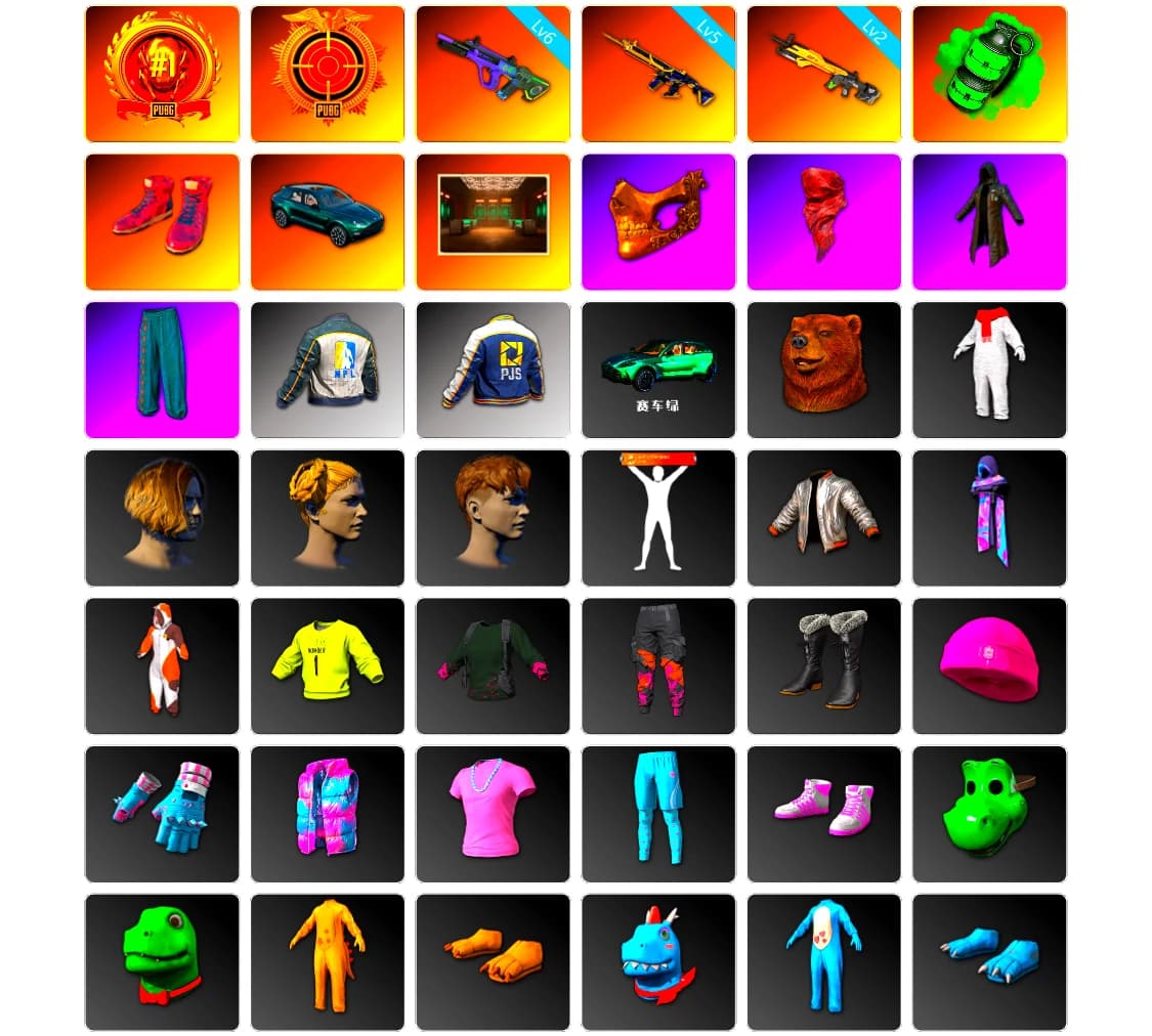 Emerald Smoke Grenade, Hi-top Trainers (Red), «DBX707» SUV, PGC 2021 Contingent Chaos Mask, PLAYERUNKNOWN's Bandana, Heavy Fur Coat (Black), NPL 2019 Phase 2 Jacket, PJS 2019 Phase 2 Jacket, «DBX707» SUV, StreamerOne - 2