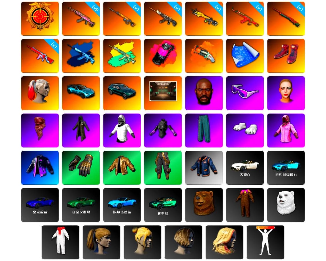 Magenta Smoke Grenade, Orange Fog of Fury — M79, Hi-top Trainers (Red), Harley Quinn's Hair, «V12 Vantage Roadster (Luxe)» Sports Car, «DBX707» SUV, Jonathan Kamau, Snow Glasses, PLAYERUNKNOWN's Bandana, Heavy Fur Coat (Black), Polar Bear Feet, Rash Beixli Xtra Tough Jacket, Harley Quinn's Hair, Rash Beixli Xtra Tough Jacket, Harley Quinn's Makeup, «DBX707» SUV, Full Autumn — M416, Refined Aeolus — Vector, DOUYU T-shirt, Sideshow Bear Feet - 2