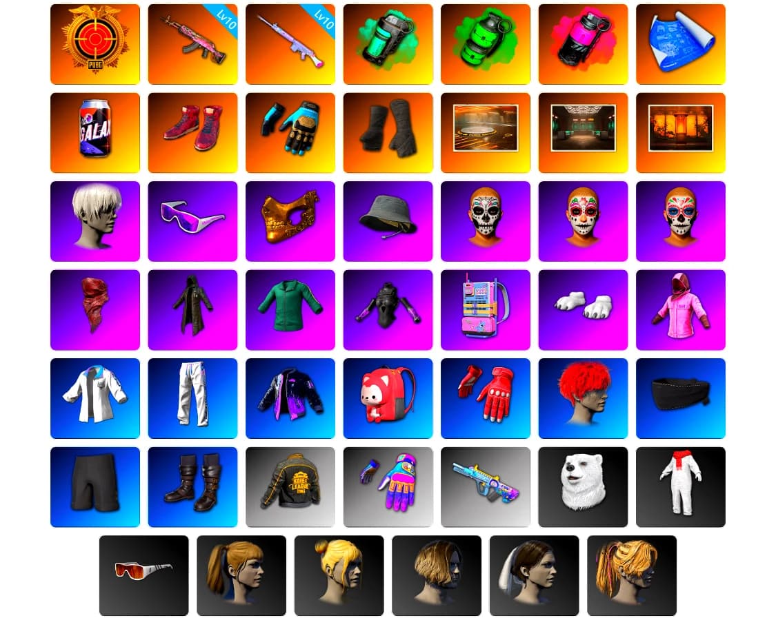 Teal Smoke Grenade, Emerald Smoke Grenade, Magenta Smoke Grenade, Hi-top Trainers (Red), Ashek's Gloves, Duncan's Infiltrator Handwraps, Showroom, Weapons Shrine, 9S's Hairstyle, Snow Glasses, PGC 2021 Contingent Chaos Mask, PLAYERUNKNOWN's Bandana, Heavy Fur Coat (Black), Polar Bear Feet, Rash Beixli Xtra Tough Jacket, Harley Quinn's Hair, Rash Beixli Xtra Tough Jacket, XingHun's Tiger Strike Jacket, XingHun's Tiger Strike Pants, PKL 2019 Phase 2 Jacket, XiongDi Hoodie, StreamerOne, GPT 2025 Four Angry Men Jacket, Full Autumn — M416, Silver Plate — M416, XingHun's AKM, Blue Thunder Gloves, 2018 PUBG ALL-STAR T-shirt (Korean), GLL Grand Slam Sweatshirt, HUYA T-shirt, Esports IGL Shirt - 2