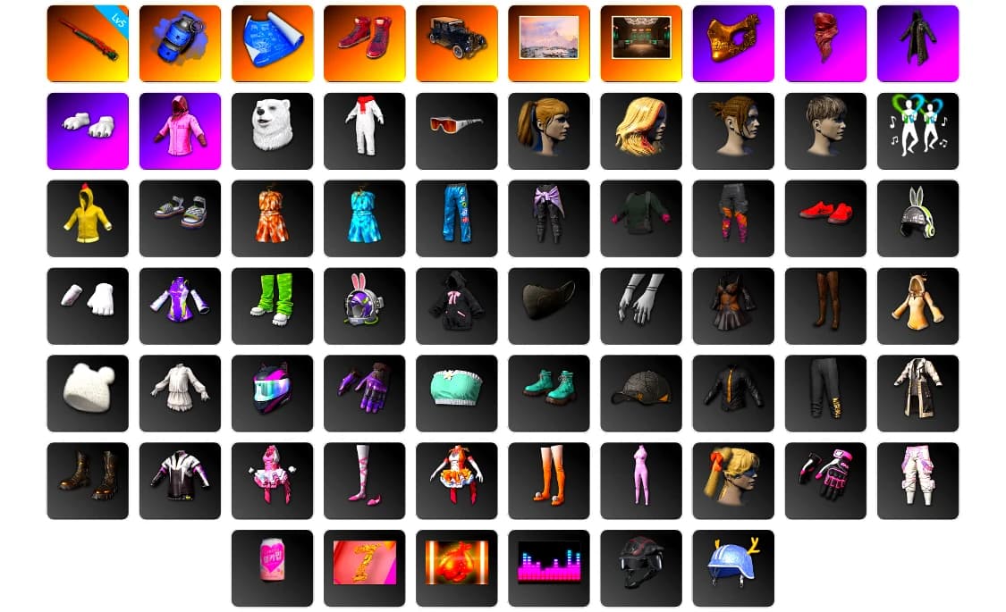 Blue Smoke Grenade, Hi-top Trainers (Red), PGC 2021 Contingent Chaos Mask, PLAYERUNKNOWN's Bandana, Heavy Fur Coat (Black), Polar Bear Feet, Rash Beixli Xtra Tough Jacket, Harley Quinn's Hair, Rash Beixli Xtra Tough Jacket - 2