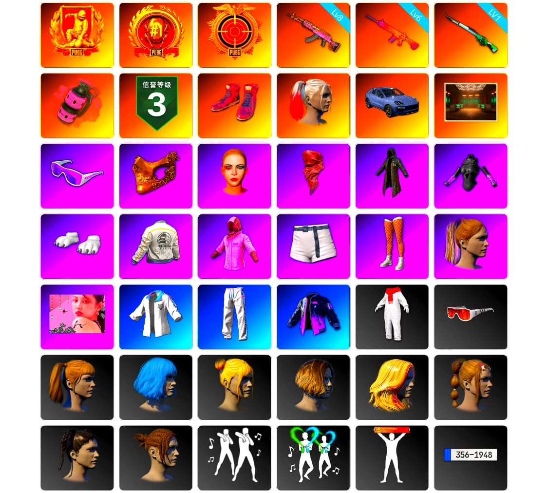 Pink Smoke Grenade, Hi-top Trainers (Red), Harley Quinn's Hair, «Cayenne Turbo GT» SUV, Snow Glasses, PGC 2021 Contingent Chaos Mask, PLAYERUNKNOWN's Bandana, Heavy Fur Coat (Black), Polar Bear Feet, Rash Beixli Xtra Tough Jacket, Harley Quinn's Hair, Rash Beixli Xtra Tough Jacket, Harley Quinn's Makeup, PEL 2019 Phase 2 Jacket, XingHun's Tiger Strike Jacket, XingHun's Tiger Strike Pants, StreamerOne, Full Autumn — M416 - 2