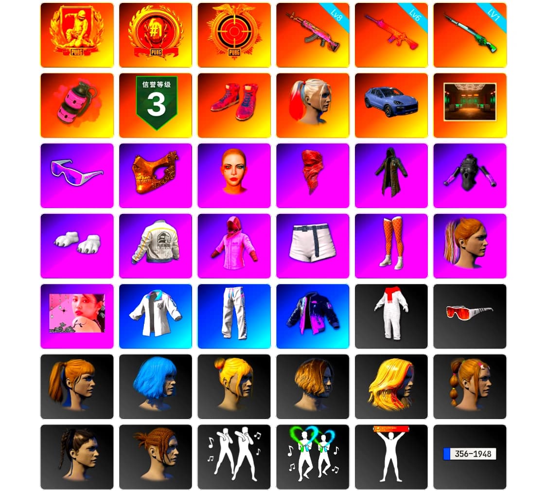 Pink Smoke Grenade, Hi-top Trainers (Red), Harley Quinn's Hair, «Cayenne Turbo GT» SUV, Snow Glasses, PGC 2021 Contingent Chaos Mask, PLAYERUNKNOWN's Bandana, Heavy Fur Coat (Black), Polar Bear Feet, Rash Beixli Xtra Tough Jacket, Harley Quinn's Hair, Rash Beixli Xtra Tough Jacket, Harley Quinn's Makeup, PEL 2019 Phase 2 Jacket, XingHun's Tiger Strike Jacket, XingHun's Tiger Strike Pants, StreamerOne, Full Autumn — M416 - 1