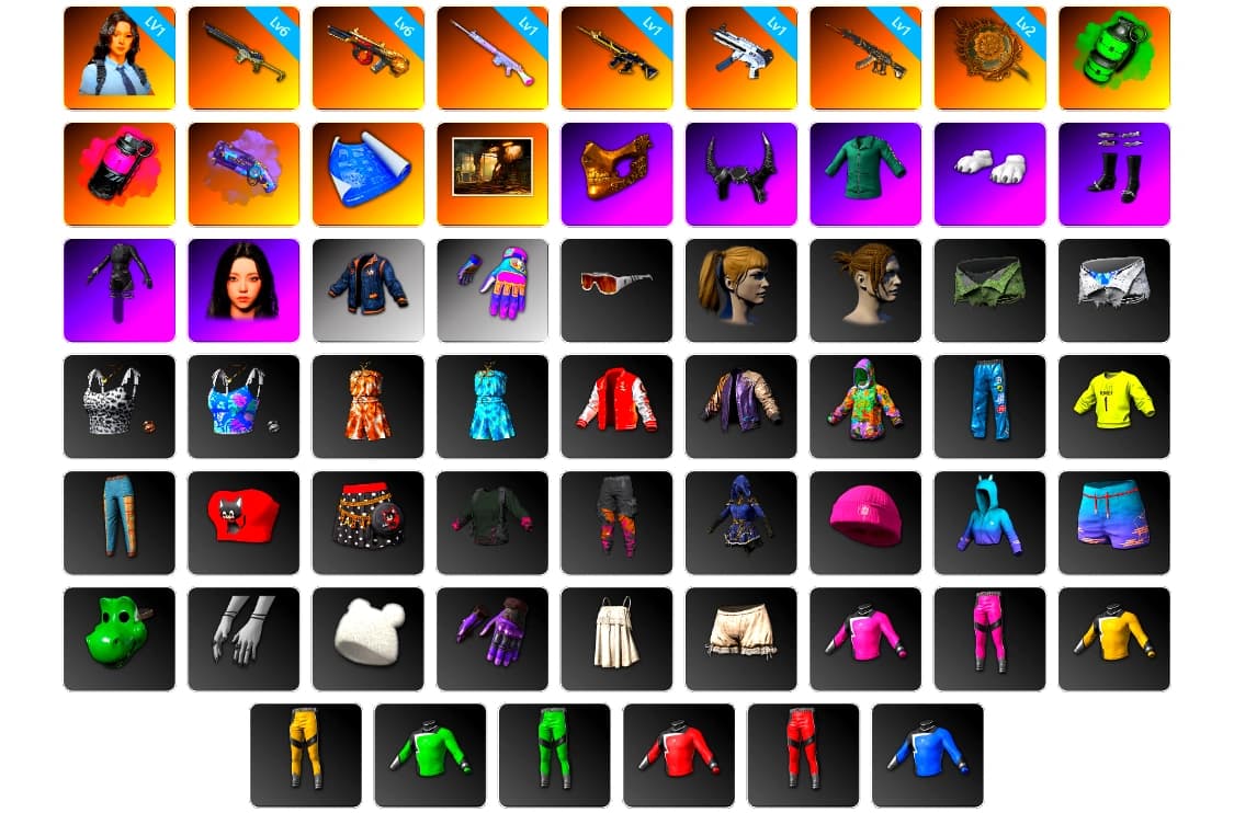Emerald Smoke Grenade, Magenta Smoke Grenade, Purple Magical Mist — M79, PGC 2021 Contingent Chaos Mask, Demon Biker Horns, Polar Bear Feet, aespa Stage, Harley Quinn's Hair, Desolate Warehouse, StreamerOne, aespa KARINA, Full Autumn — M416, Blue Thunder Gloves, DOUYU T-shirt - 1
