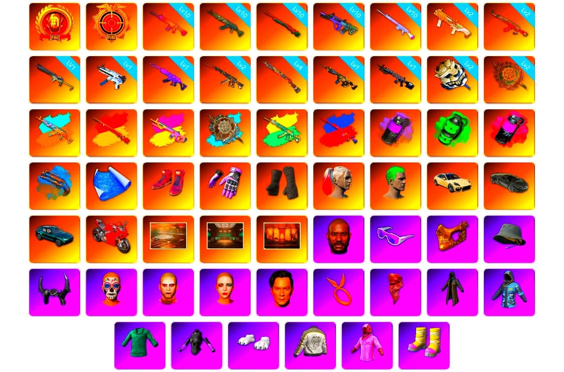 Purple Smoke Grenade, Emerald Smoke Grenade, Magenta Smoke Grenade, Blue Fog of Fury — M79, Hi-top Trainers (Red), Heybox Gloves, Duncan's Infiltrator Handwraps, Harley Quinn's Hair, The Joker's Hair, «Panamera Turbo S» Sedan, «DBX707» SUV, Showroom, Weapons Shrine, Jonathan Kamau, Snow Glasses, PGC 2021 Contingent Chaos Mask, Demon Biker Horns, The Joker's Hair, PLAYERUNKNOWN's Bandana, Heavy Fur Coat (Black), Polar Bear Feet, Rash Beixli Xtra Tough Jacket, Harley Quinn's Hair, Hairstyle PGI.S, Rash Beixli Xtra Tough Jacket, Harley Quinn's Makeup, PML 2019 Phase 2 Jacket, XingHun's Tiger Strike Jacket, XingHun's Tiger Strike Pants, «DBX707» SUV, NH-Esports Jacket, StreamerOne, GPT 2025 Four Angry Men Jacket, Training Jacket (Green), Full Autumn — M416, Festive Gloves (Red), Sideshow Bear Feet - 2