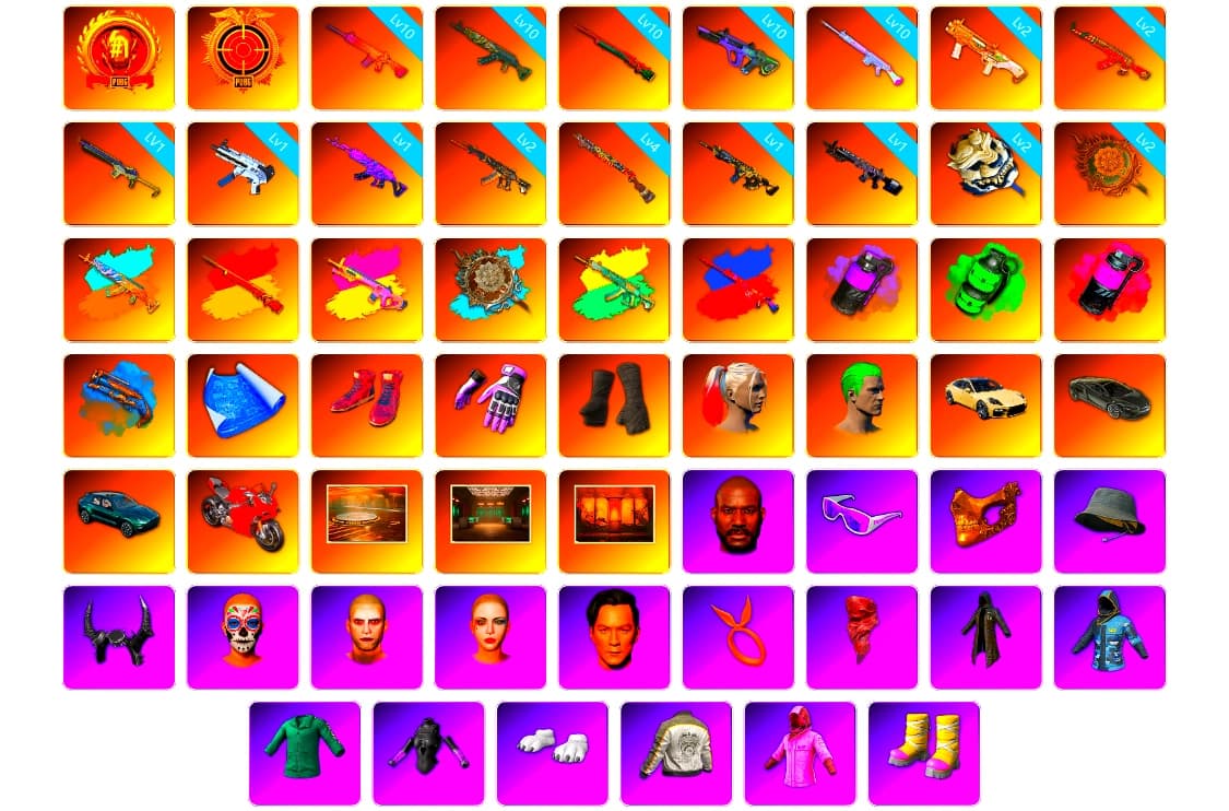 Purple Smoke Grenade, Emerald Smoke Grenade, Magenta Smoke Grenade, Blue Fog of Fury — M79, Hi-top Trainers (Red), Heybox Gloves, Duncan's Infiltrator Handwraps, Harley Quinn's Hair, The Joker's Hair, «Panamera Turbo S» Sedan, «DBX707» SUV, Showroom, Weapons Shrine, Jonathan Kamau, Snow Glasses, PGC 2021 Contingent Chaos Mask, Demon Biker Horns, The Joker's Hair, PLAYERUNKNOWN's Bandana, Heavy Fur Coat (Black), Polar Bear Feet, Rash Beixli Xtra Tough Jacket, Harley Quinn's Hair, Hairstyle PGI.S, Rash Beixli Xtra Tough Jacket, Harley Quinn's Makeup, PML 2019 Phase 2 Jacket, XingHun's Tiger Strike Jacket, XingHun's Tiger Strike Pants, «DBX707» SUV, NH-Esports Jacket, StreamerOne, GPT 2025 Four Angry Men Jacket, Training Jacket (Green), Full Autumn — M416, Festive Gloves (Red), Sideshow Bear Feet - 1