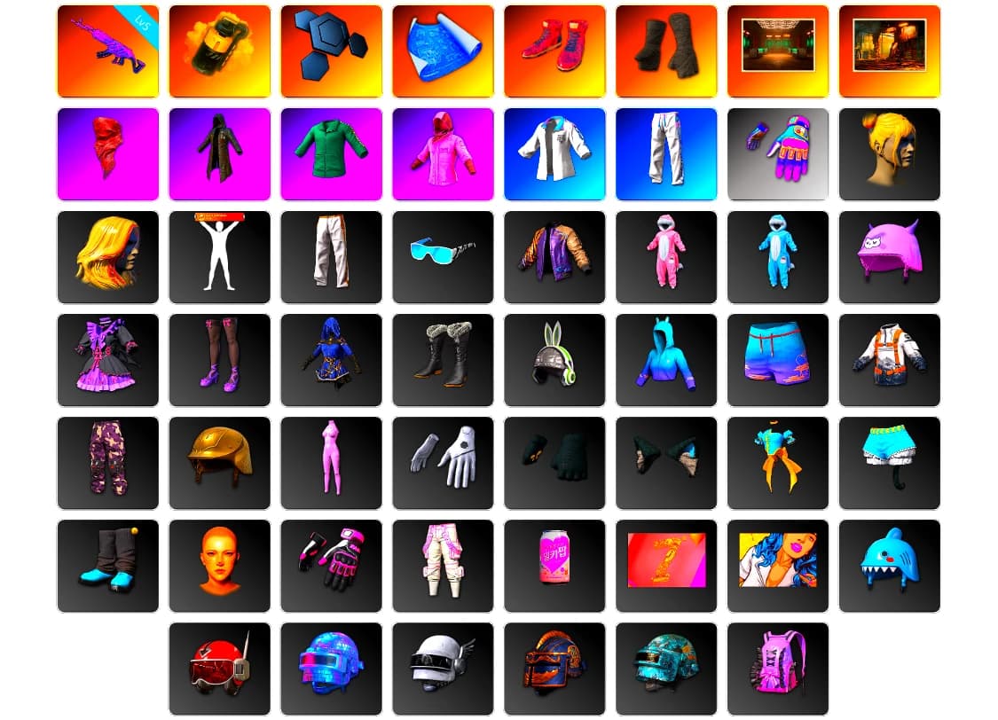 Yellow Smoke Grenade, Hi-top Trainers (Red), Duncan's Infiltrator Handwraps, PLAYERUNKNOWN's Bandana, Heavy Fur Coat (Black), Rash Beixli Xtra Tough Jacket, Rash Beixli Xtra Tough Jacket, Desolate Warehouse, XingHun's Tiger Strike Jacket, XingHun's Tiger Strike Pants, Exquisite Pants, Refined Aeolus — Vector, Blue Thunder Gloves, 2018 PUBG ALL-STAR T-shirt (Korean), DOUYU T-shirt - 2