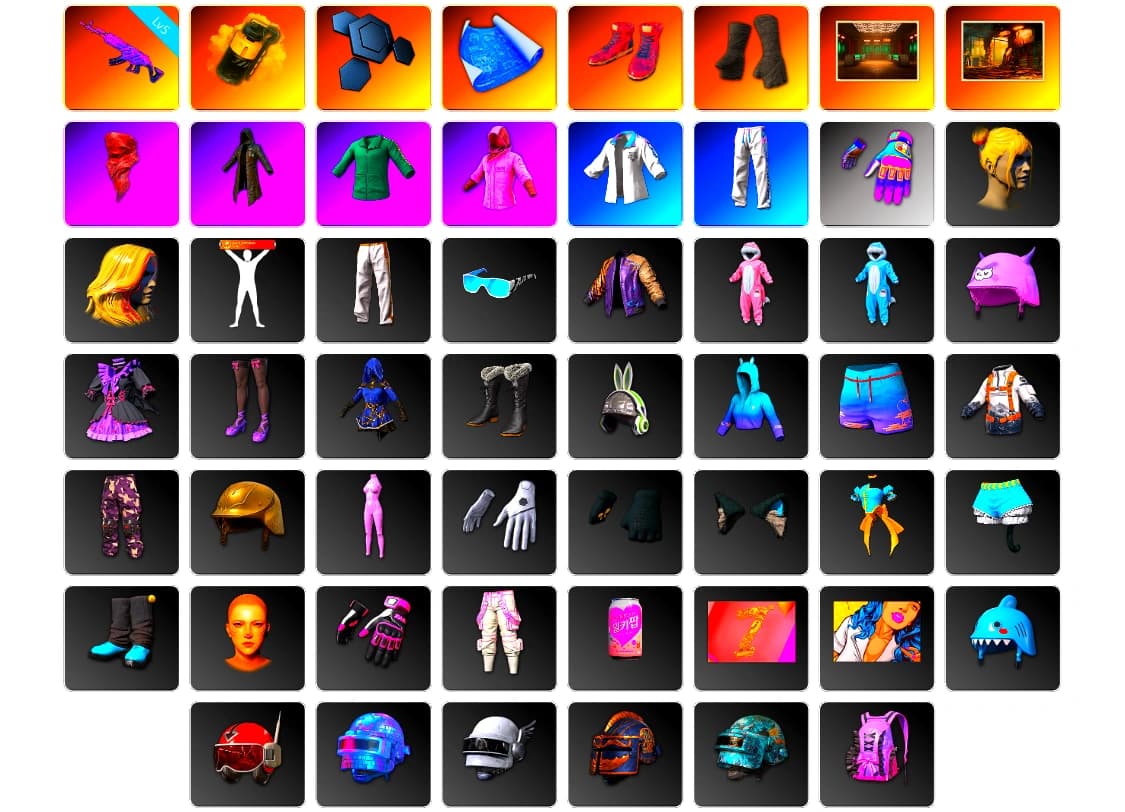 Yellow Smoke Grenade, Hi-top Trainers (Red), Duncan's Infiltrator Handwraps, PLAYERUNKNOWN's Bandana, Heavy Fur Coat (Black), Rash Beixli Xtra Tough Jacket, Rash Beixli Xtra Tough Jacket, Desolate Warehouse, XingHun's Tiger Strike Jacket, XingHun's Tiger Strike Pants, Exquisite Pants, Refined Aeolus — Vector, Blue Thunder Gloves, 2018 PUBG ALL-STAR T-shirt (Korean), DOUYU T-shirt - 1