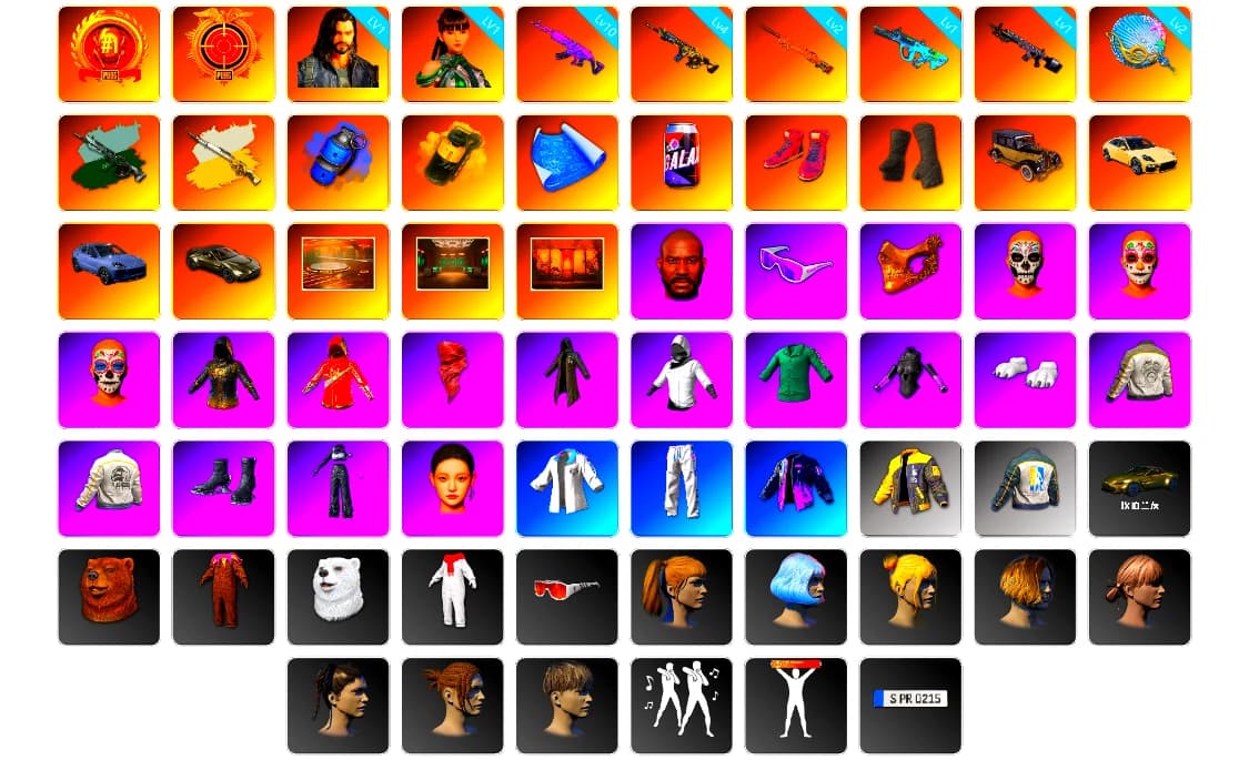 Time Keeper - M416 (Gray Green), Blue Smoke Grenade, Yellow Smoke Grenade, Hi-top Trainers (Red), Duncan's Infiltrator Handwraps, «Panamera Turbo S» Sedan, «Cayenne Turbo GT» SUV, «V12 Vantage Roadster» Sports Car, Showroom, Weapons Shrine, Jonathan Kamau, Snow Glasses, PGC 2021 Contingent Chaos Mask, PLAYERUNKNOWN's Bandana, Heavy Fur Coat (Black), Polar Bear Feet, aespa Stage, Harley Quinn's Hair, Rash Beixli Xtra Tough Jacket, PML 2019 Phase 2 Jacket, PEL 2019 Phase 2 Jacket, aespa NINGNING, XingHun's Tiger Strike Jacket, XingHun's Tiger Strike Pants, NPL 2019 Phase 2 Jacket, Exquisite Pants, StreamerOne, GPT 2025 Four Angry Men Jacket, Training Jacket (Green), Blue Thunder Gloves, HUYA T-shirt, DOUYU T-shirt, Sideshow Bear Feet - 2